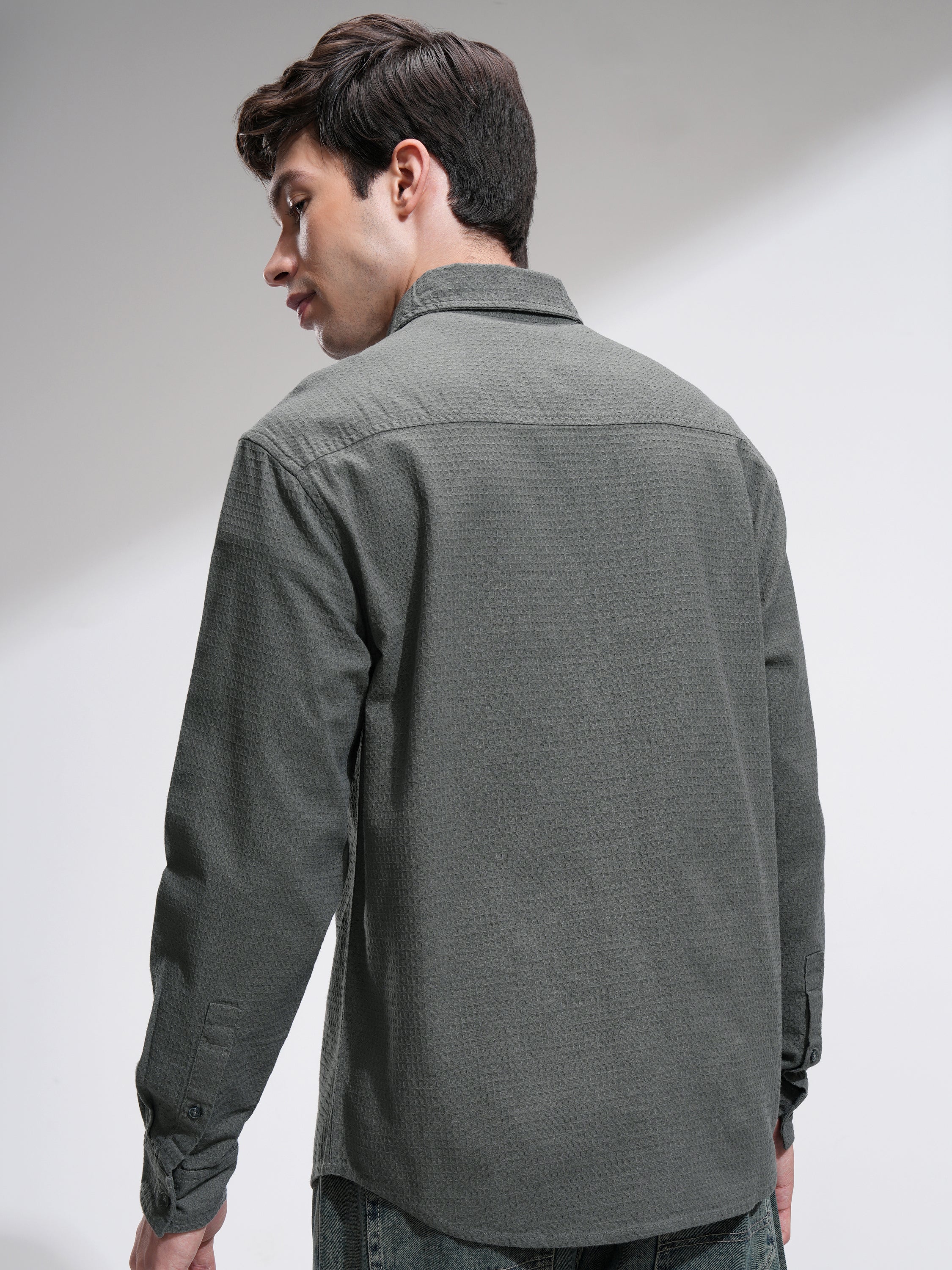 Highlander Men Olive Textured Relaxed Fit Casual Shirt - Olive - Image 3