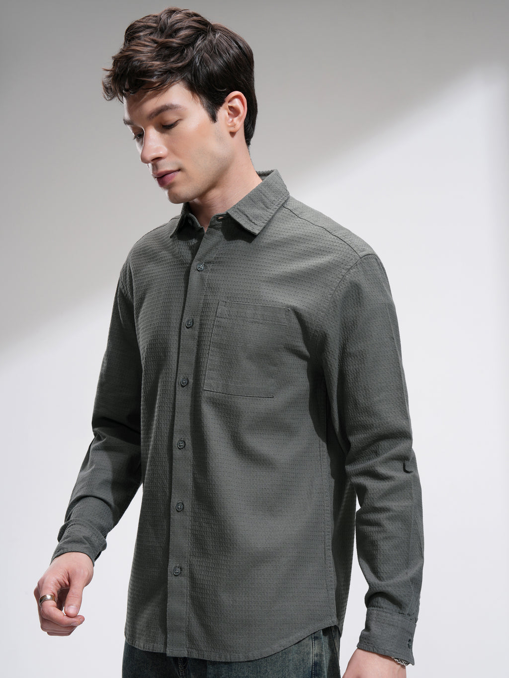 Highlander Men Olive Textured Relaxed Fit Casual Shirt - Olive - Image 4