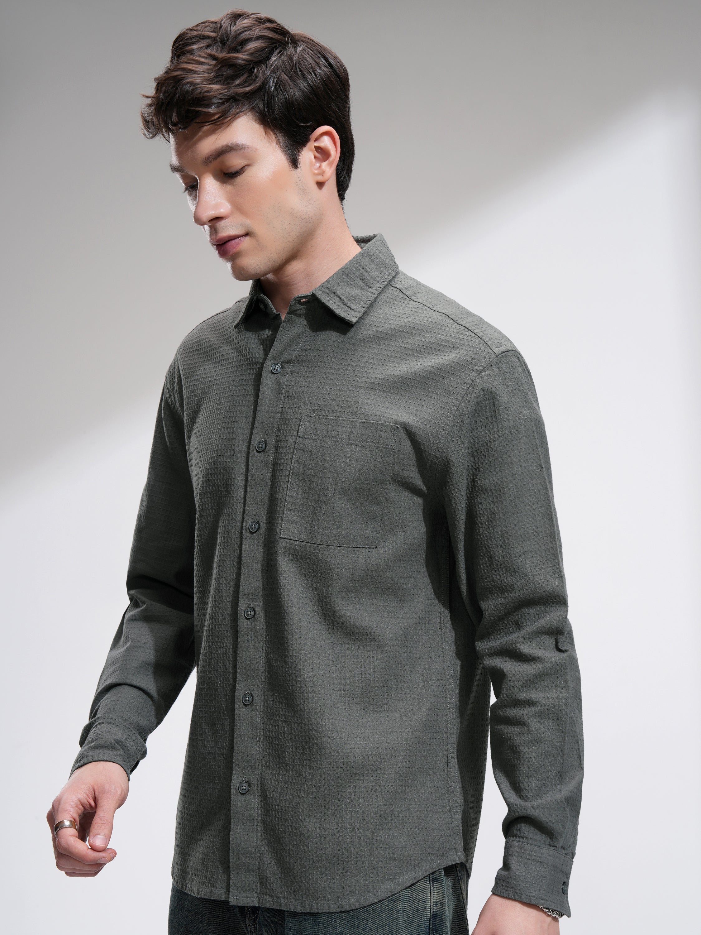Highlander Men Olive Textured Relaxed Fit Casual Shirt - Olive - Image 4