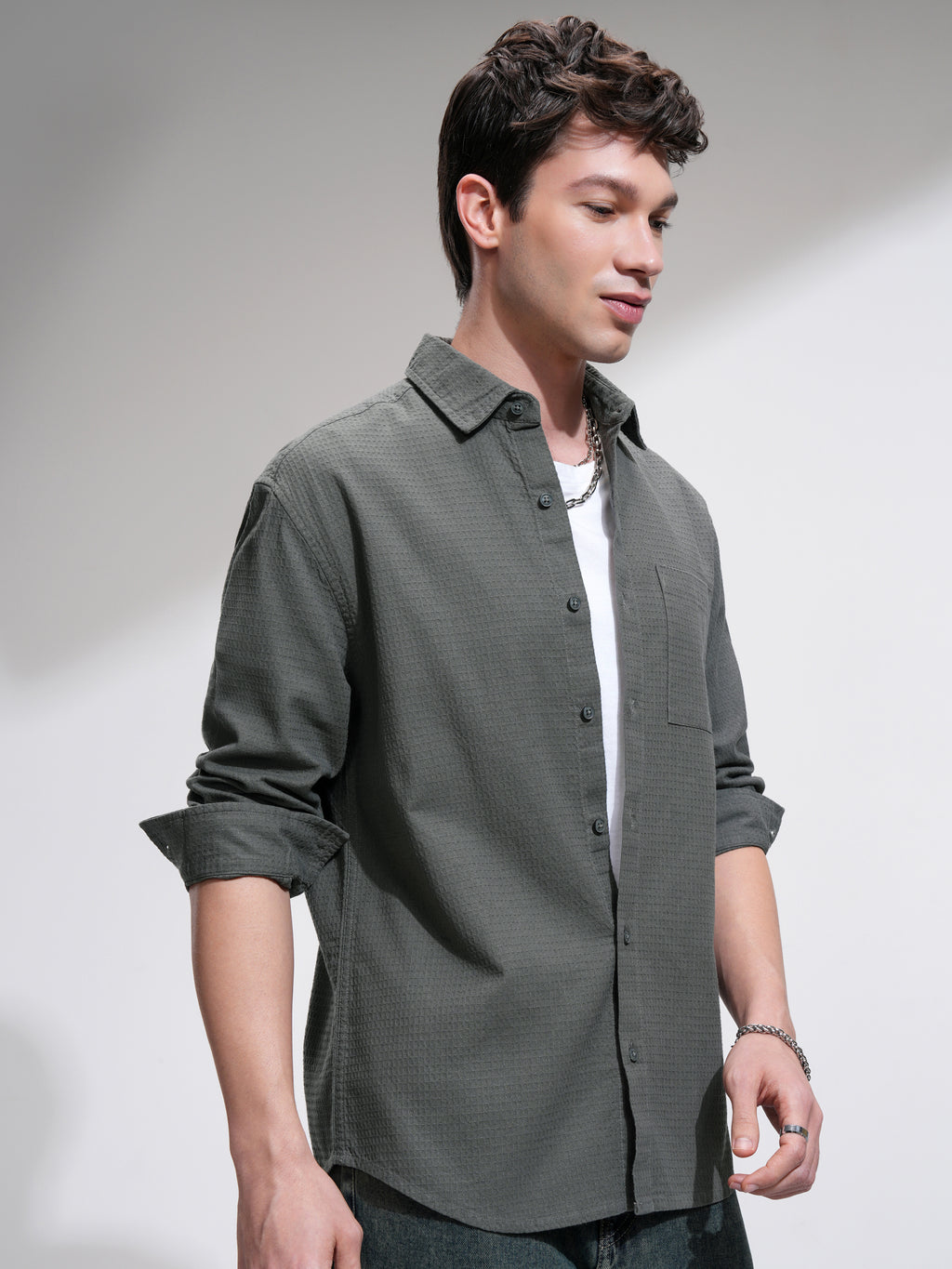 Highlander Men Olive Textured Relaxed Fit Casual Shirt - Olive - Image 6