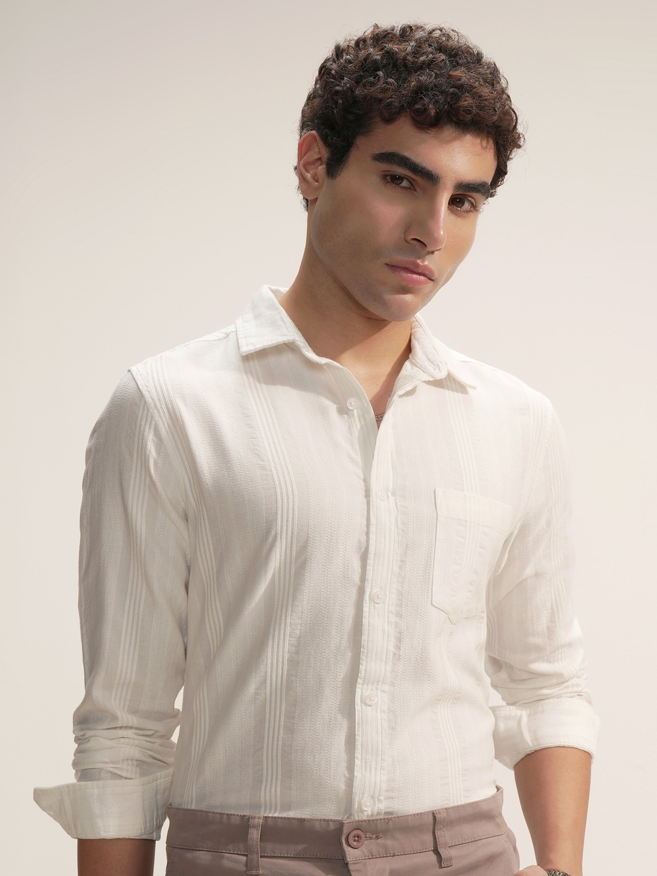 Highlander Men White Self Design Slim Fit Casual Shirt - White - Image 1
