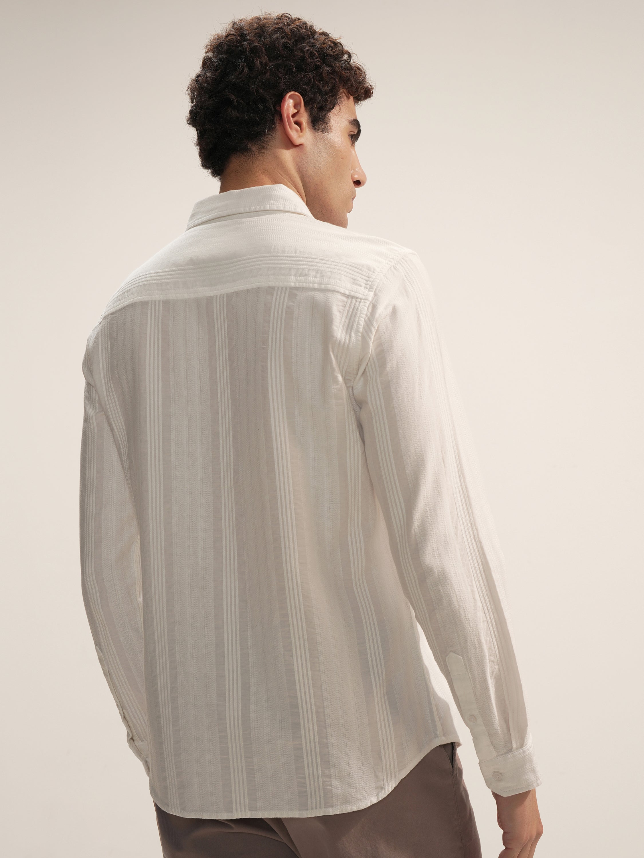 Highlander Men White Self Design Slim Fit Casual Shirt - White - Image 3