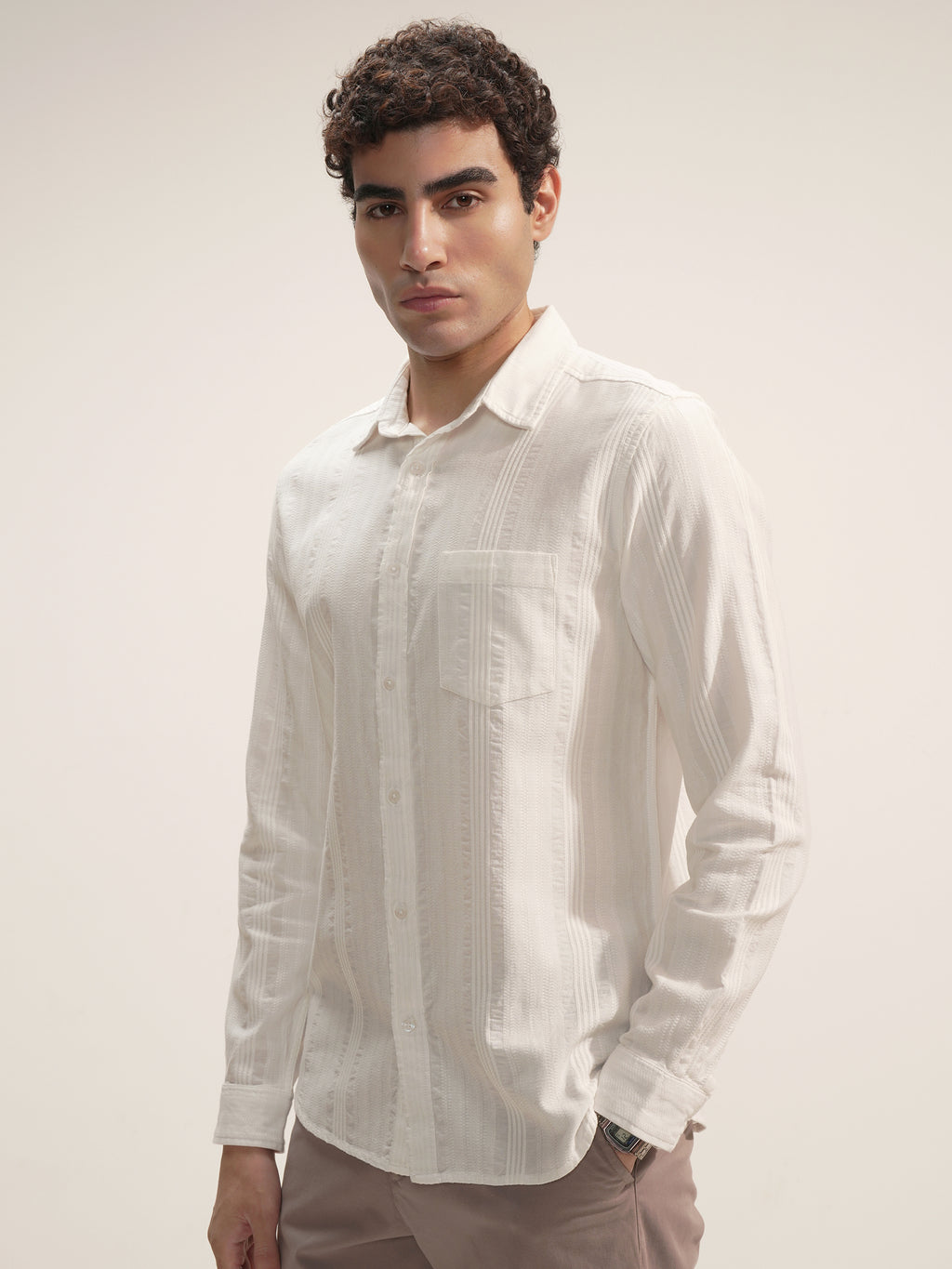 Highlander Men White Self Design Slim Fit Casual Shirt - White - Image 4