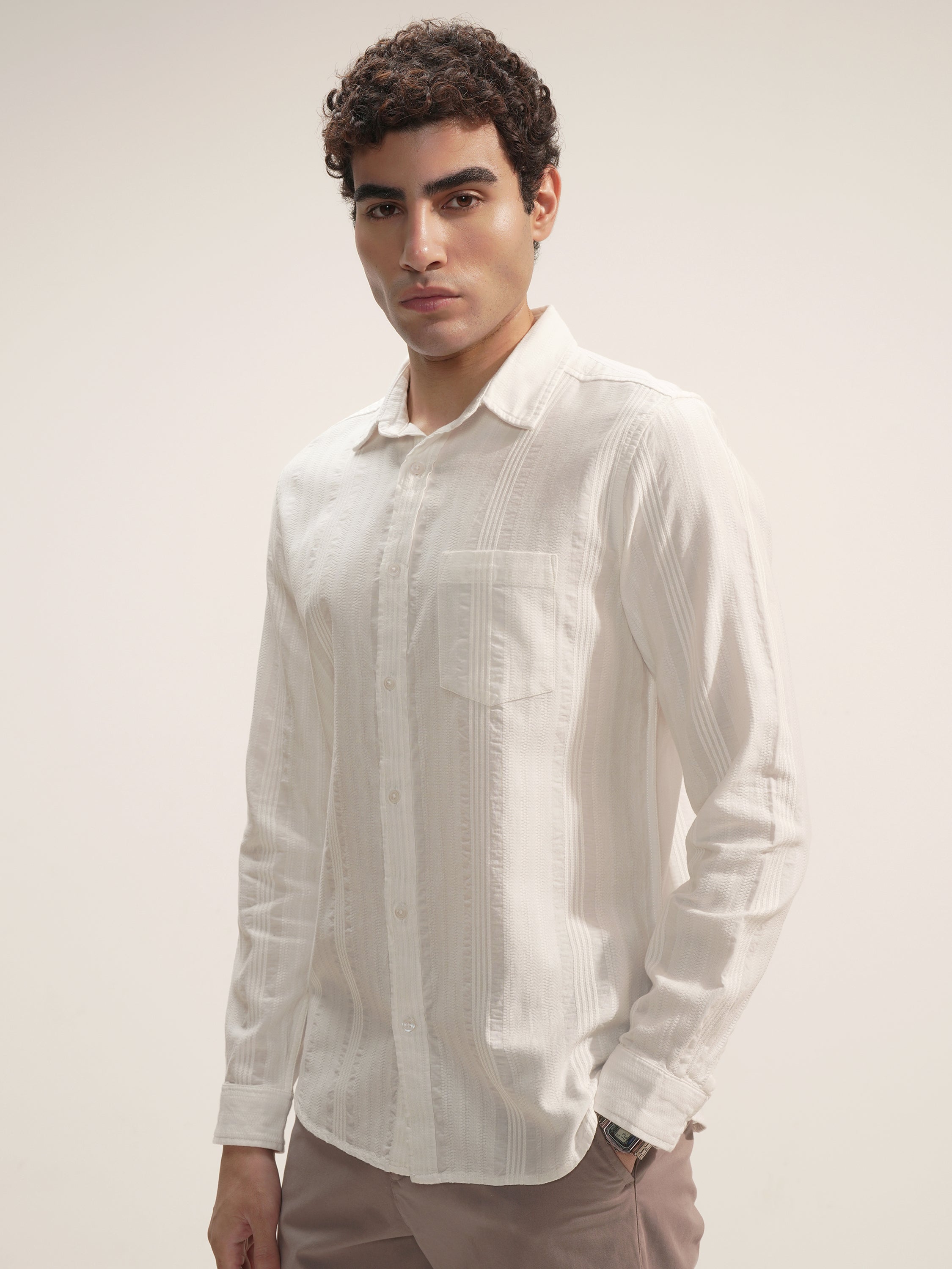 Highlander Men White Self Design Slim Fit Casual Shirt - White - Image 4