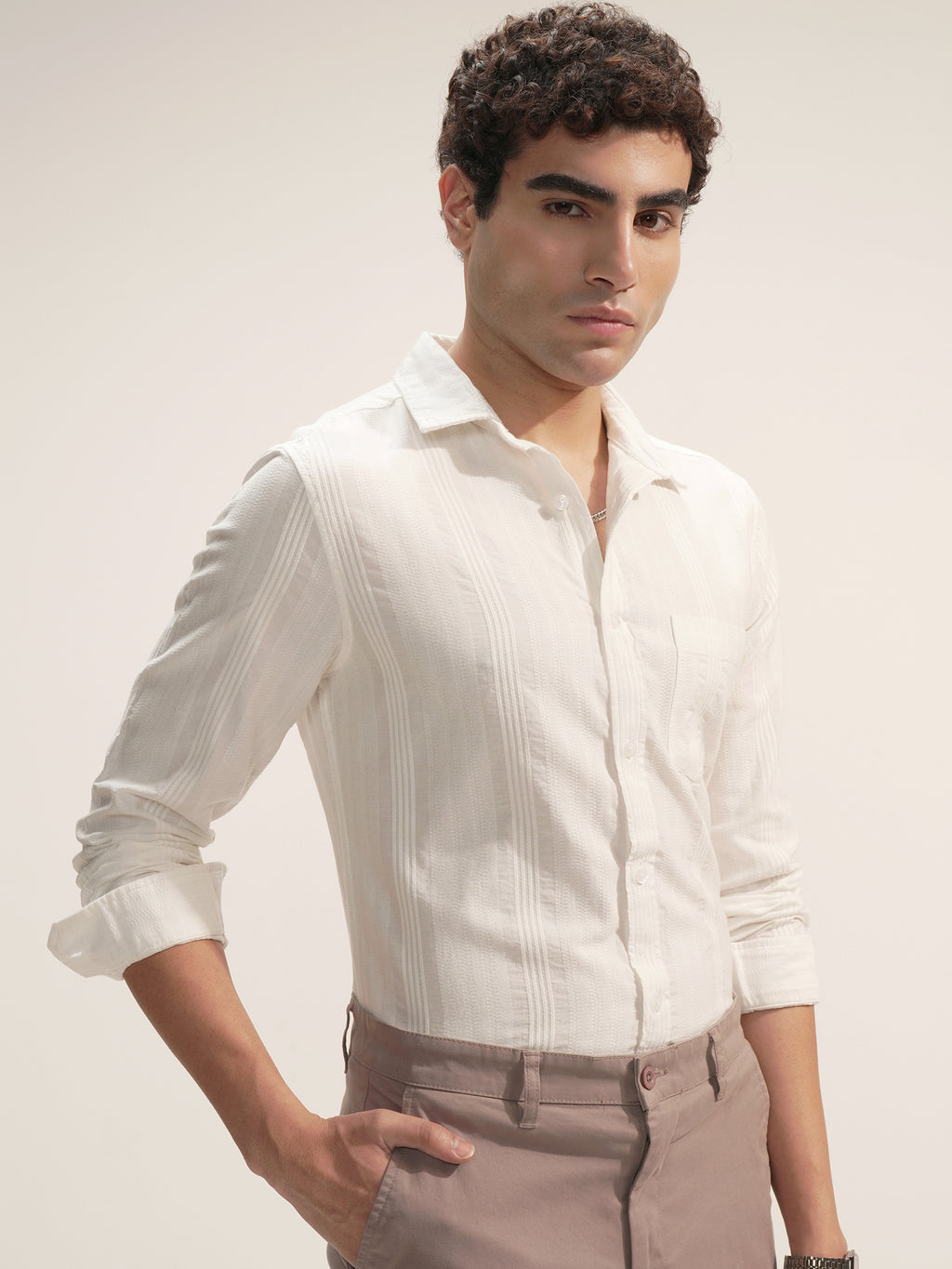 Highlander Men White Self Design Slim Fit Casual Shirt - White - Image 6