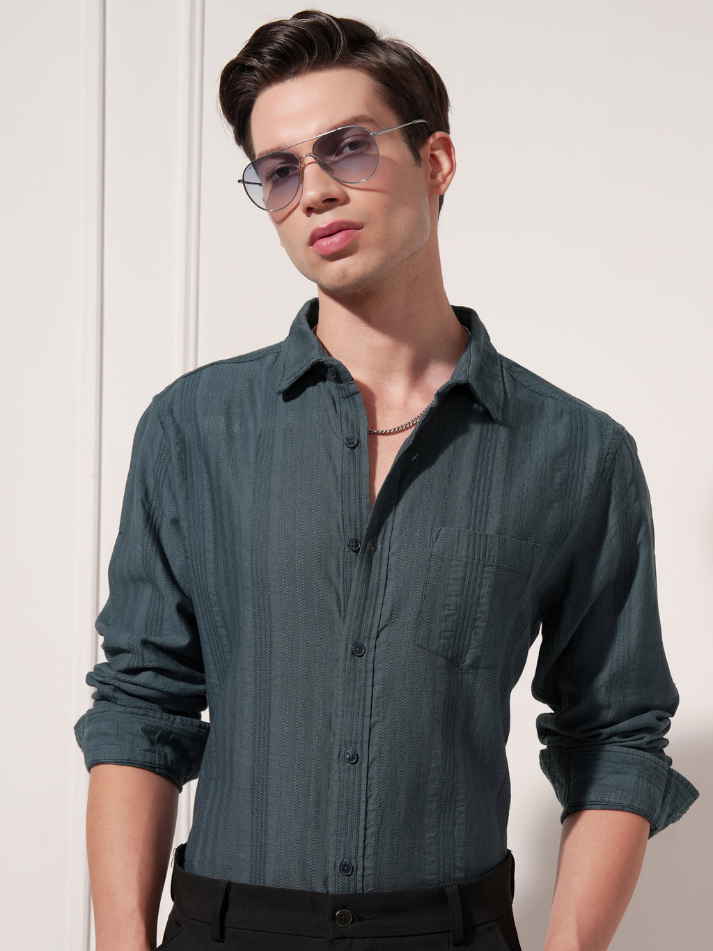 Highlander Men Teal Striped Slim Fit Casual Shirt - Teal - Image 1