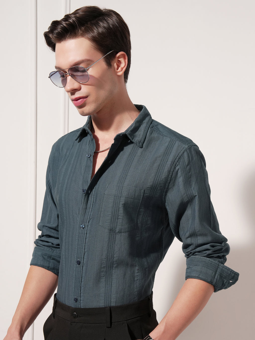 Highlander Men Teal Striped Slim Fit Casual Shirt - Teal - Image 4