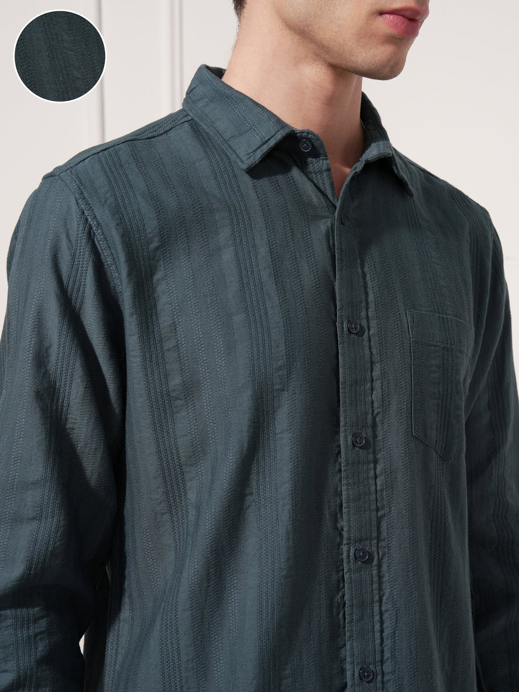 Highlander Men Teal Striped Slim Fit Casual Shirt - Teal - Image 5