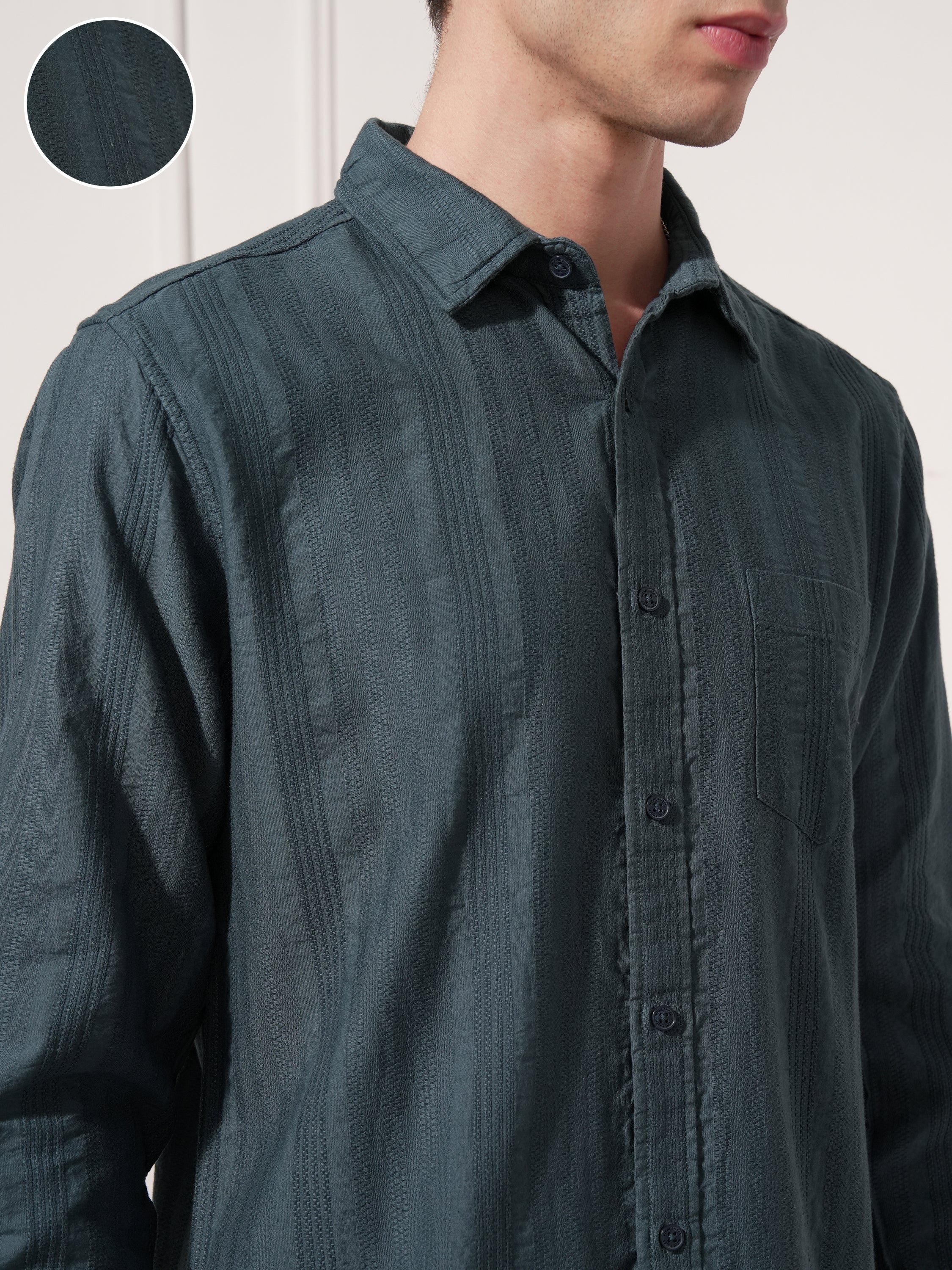 Highlander Men Teal Striped Slim Fit Casual Shirt - Teal - Image 5