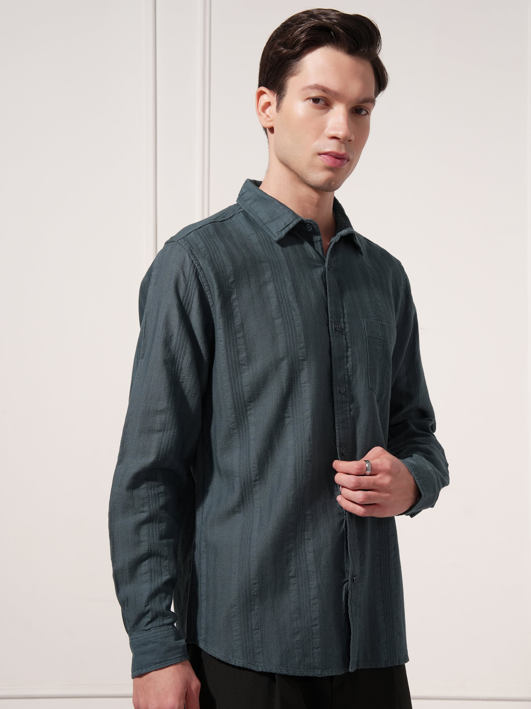 Highlander Men Teal Striped Slim Fit Casual Shirt - Teal - Image 6