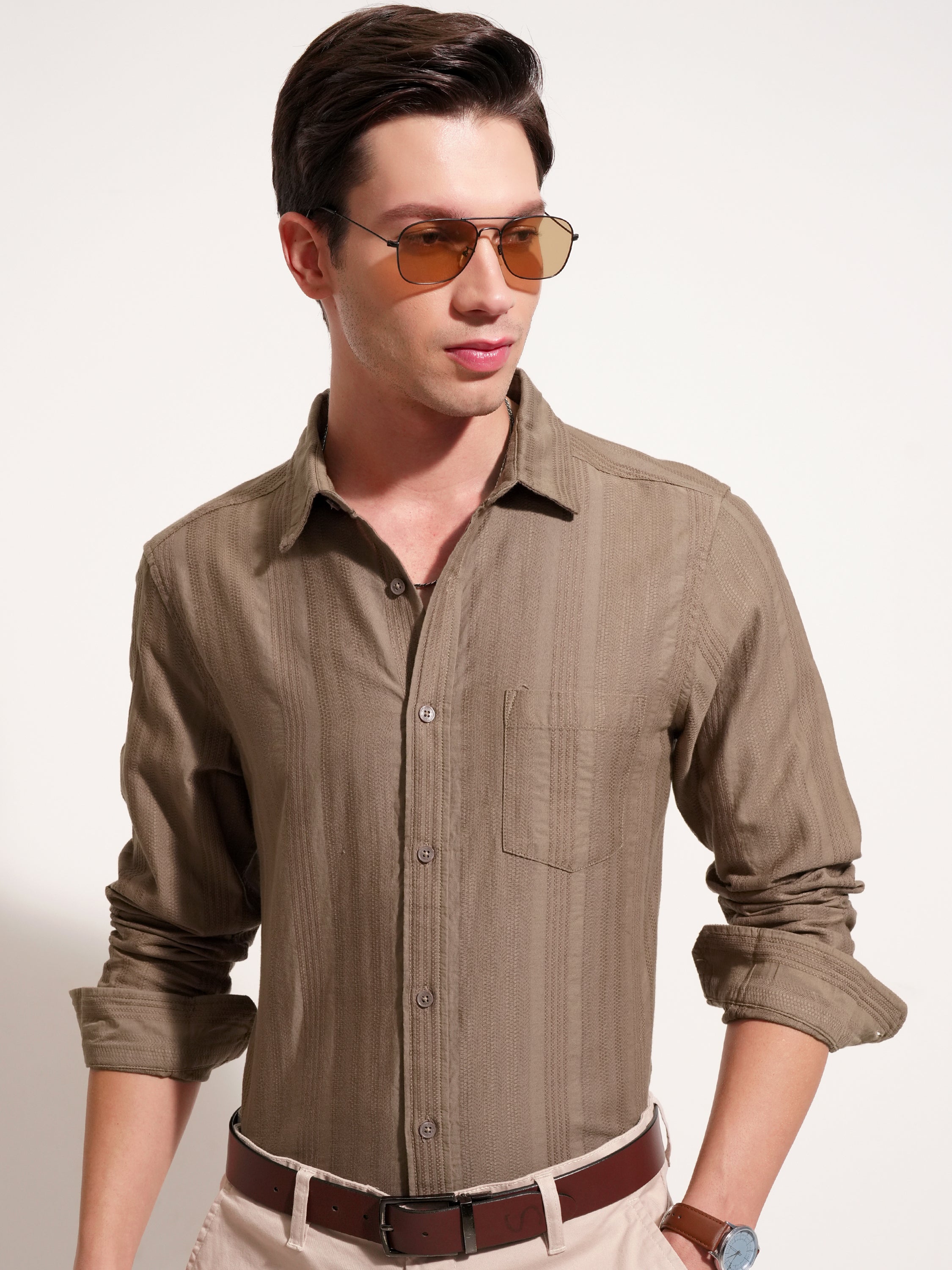 Highlander Men Beige Self Design Slim Fit Casual Shirt - Beige - Image 1