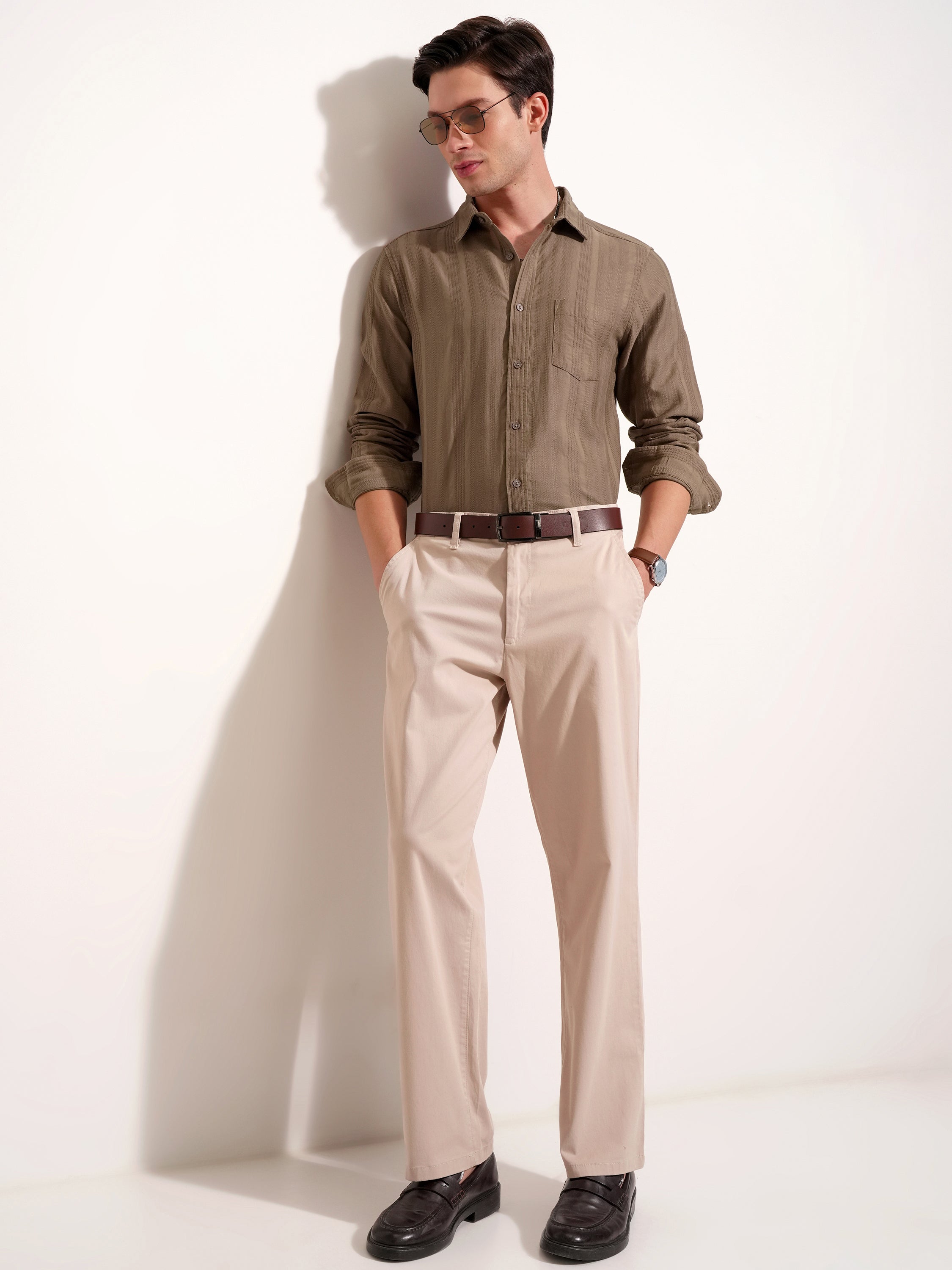 Highlander Men Beige Self Design Slim Fit Casual Shirt - Beige - Image 2