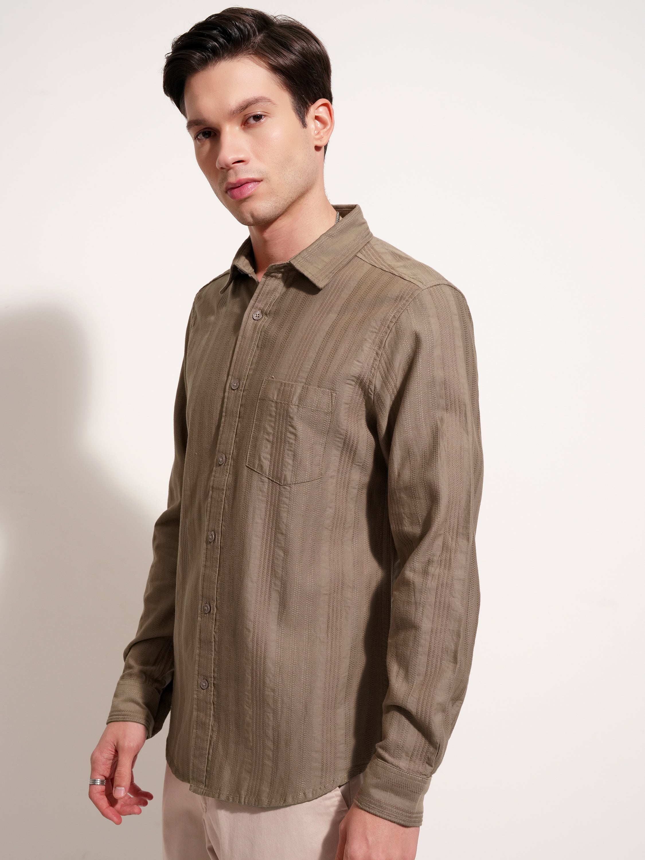 Highlander Men Beige Self Design Slim Fit Casual Shirt - Beige - Image 4
