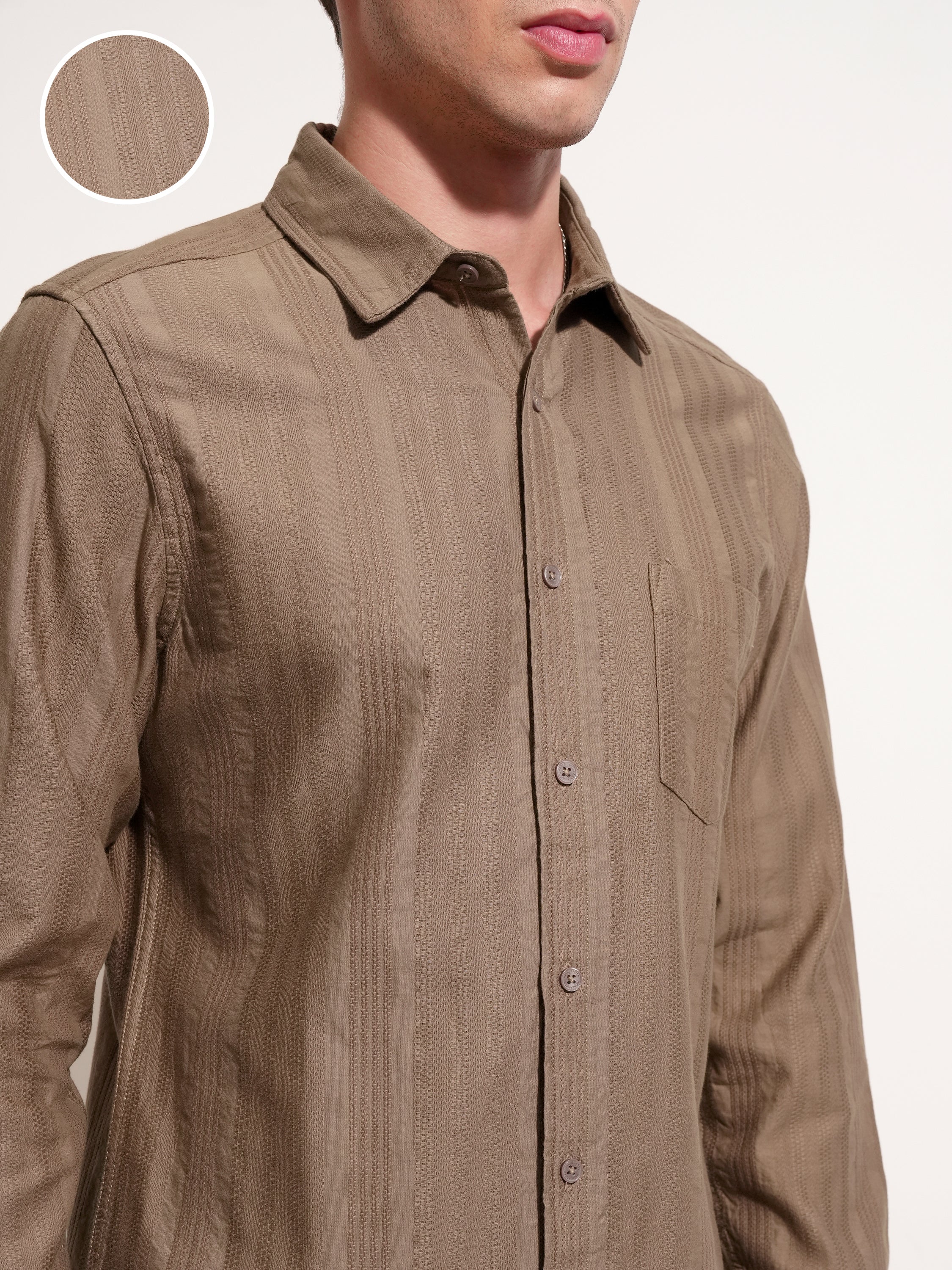 Highlander Men Beige Self Design Slim Fit Casual Shirt - Beige - Image 5