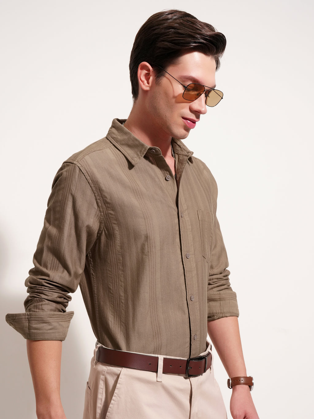 Highlander Men Beige Self Design Slim Fit Casual Shirt - Beige - Image 6