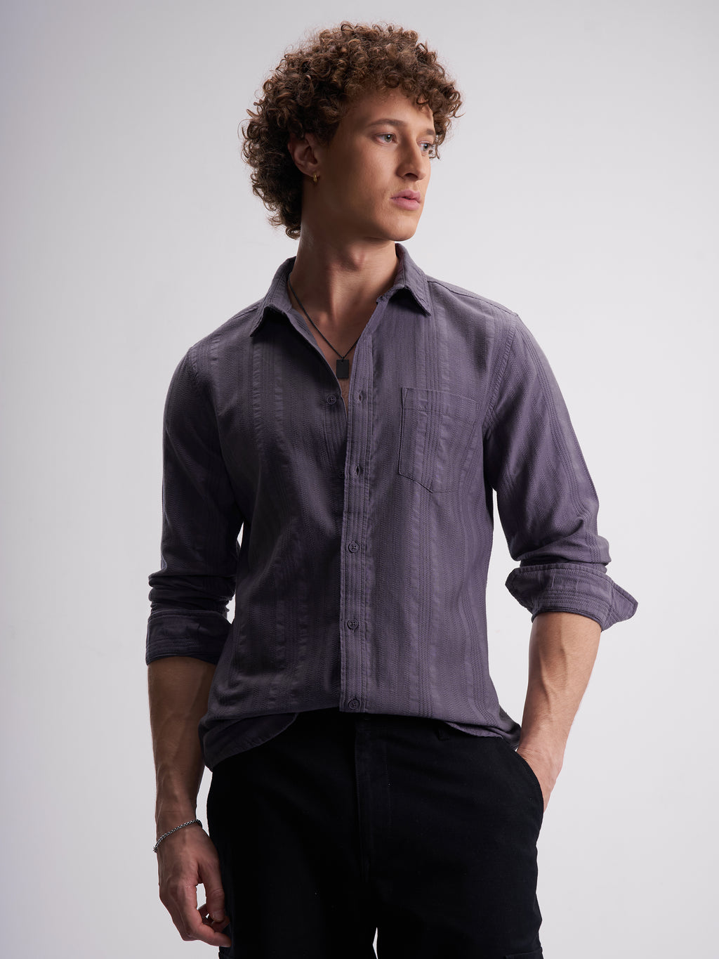 Highlander Men Purple Self Design Slim Fit Casual Shirt - Purple - Image 1