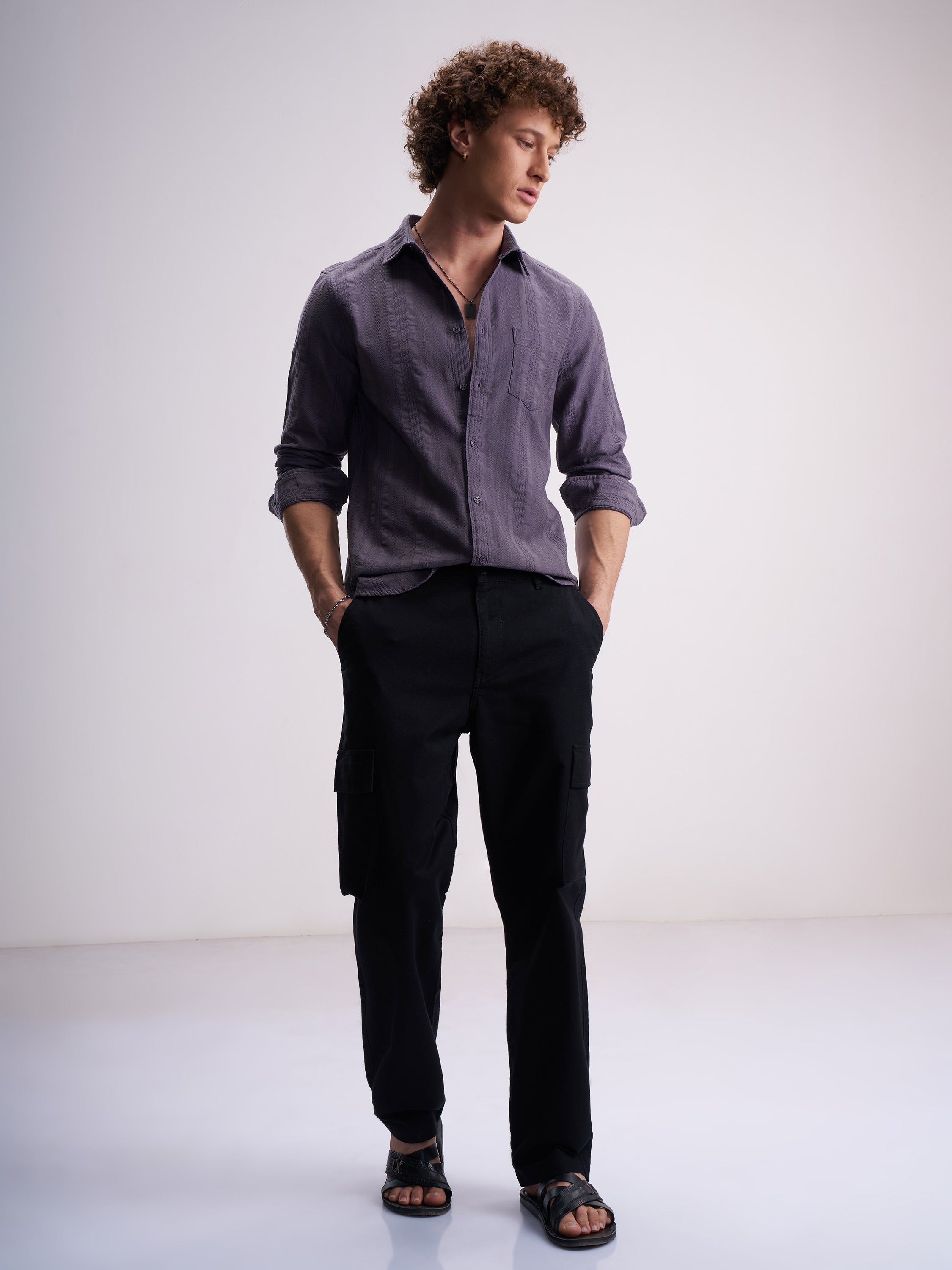 Highlander Men Purple Self Design Slim Fit Casual Shirt - Purple - Image 2
