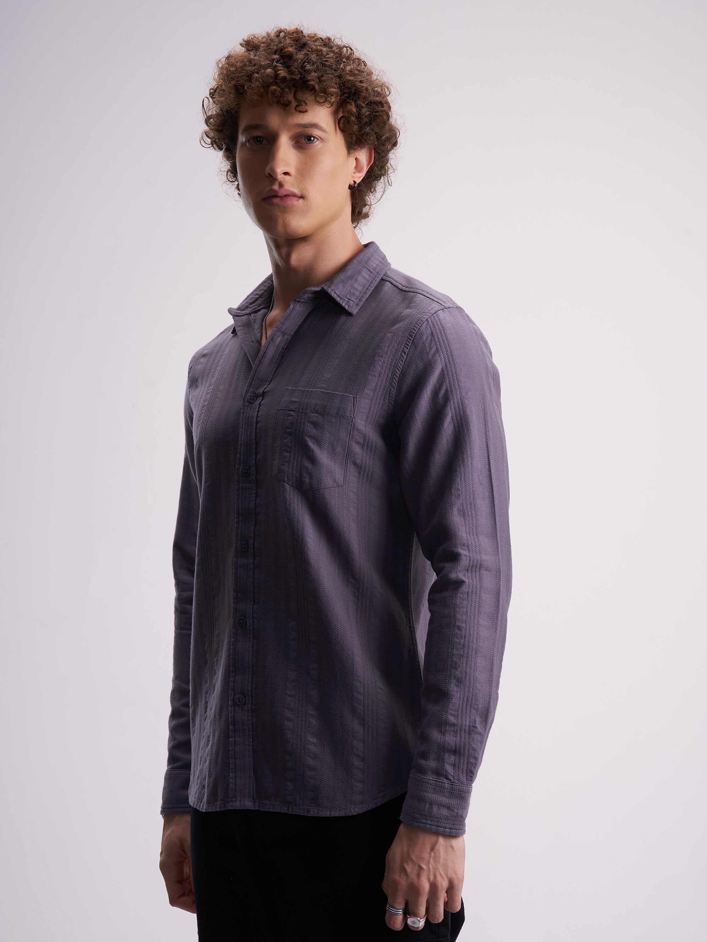 Highlander Men Purple Self Design Slim Fit Casual Shirt - Purple - Image 4