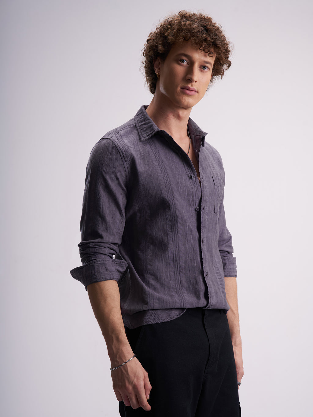 Highlander Men Purple Self Design Slim Fit Casual Shirt - Purple - Image 6