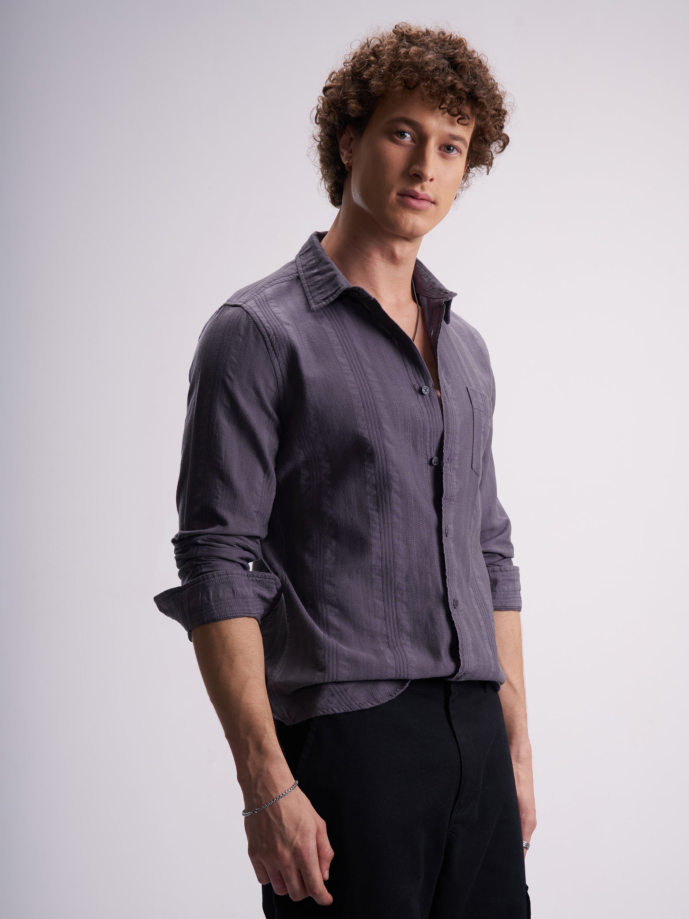 Highlander Men Purple Self Design Slim Fit Casual Shirt - Purple - Image 6