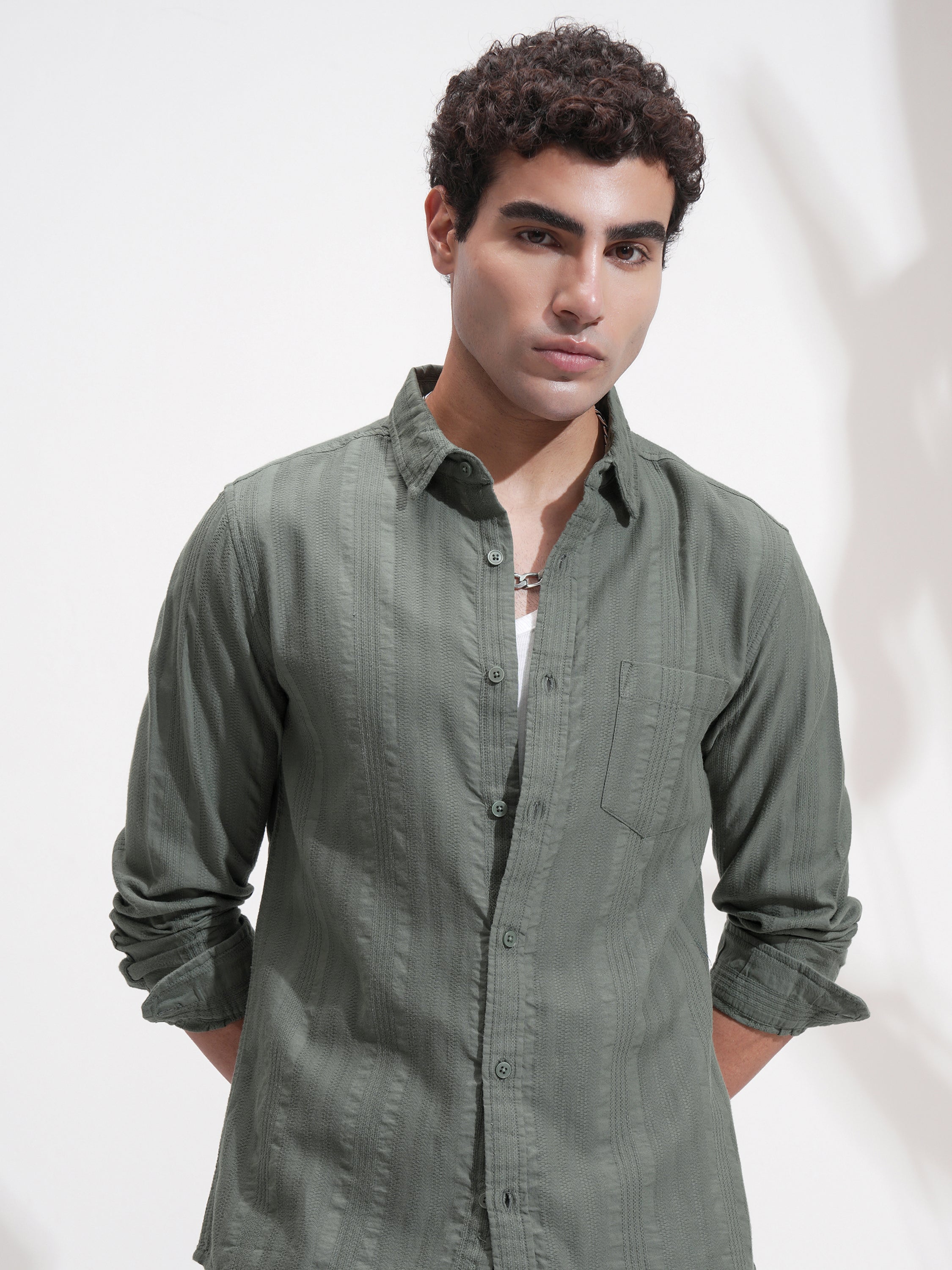 Highlander Men Olive Self Design Slim Fit Casual Shirt - Olive - Image 1