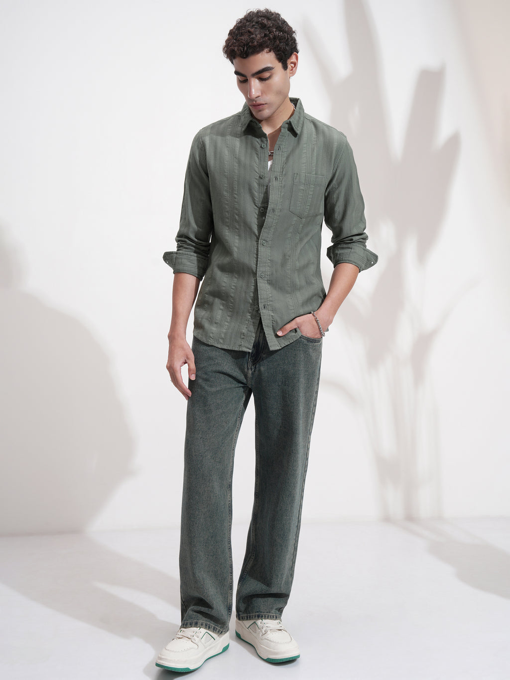 Highlander Men Olive Self Design Slim Fit Casual Shirt - Olive - Image 2