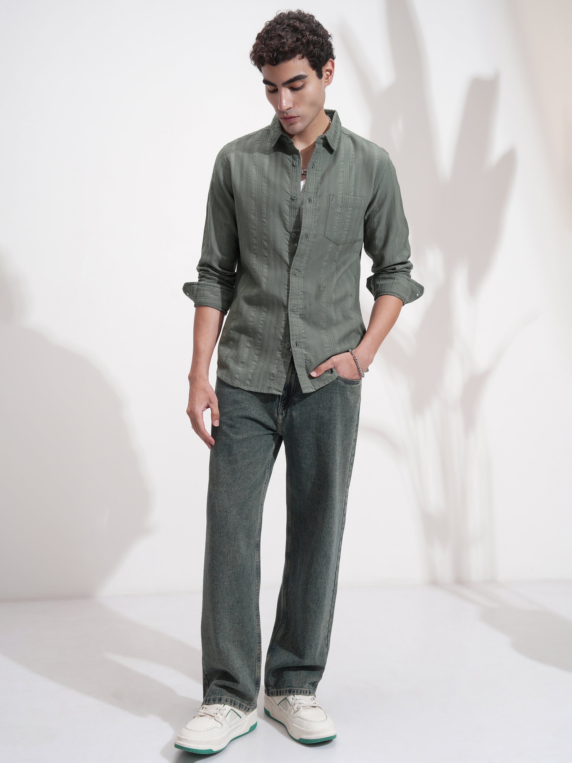 Highlander Men Olive Self Design Slim Fit Casual Shirt - Olive - Image 2