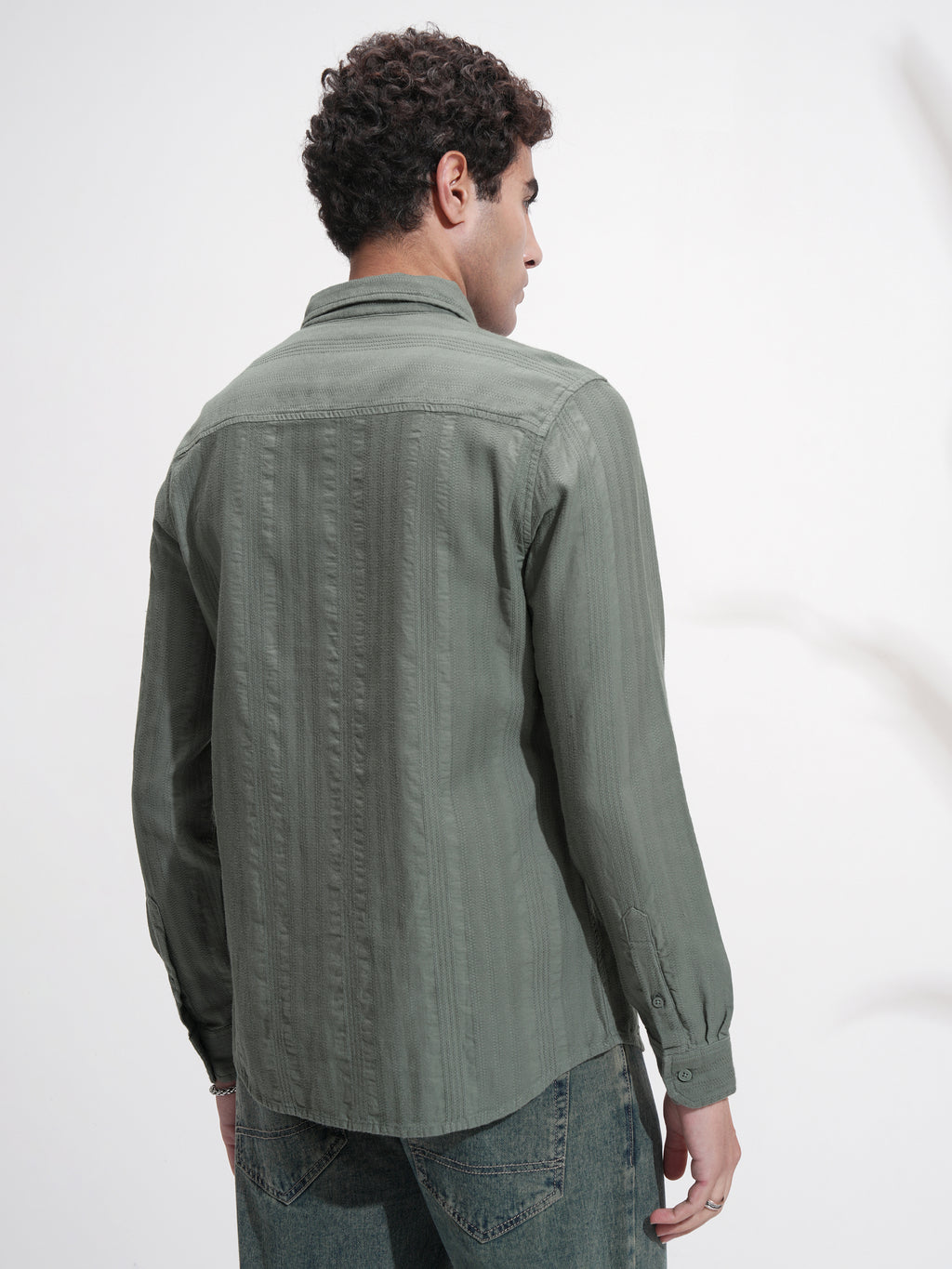 Highlander Men Olive Self Design Slim Fit Casual Shirt - Olive - Image 3