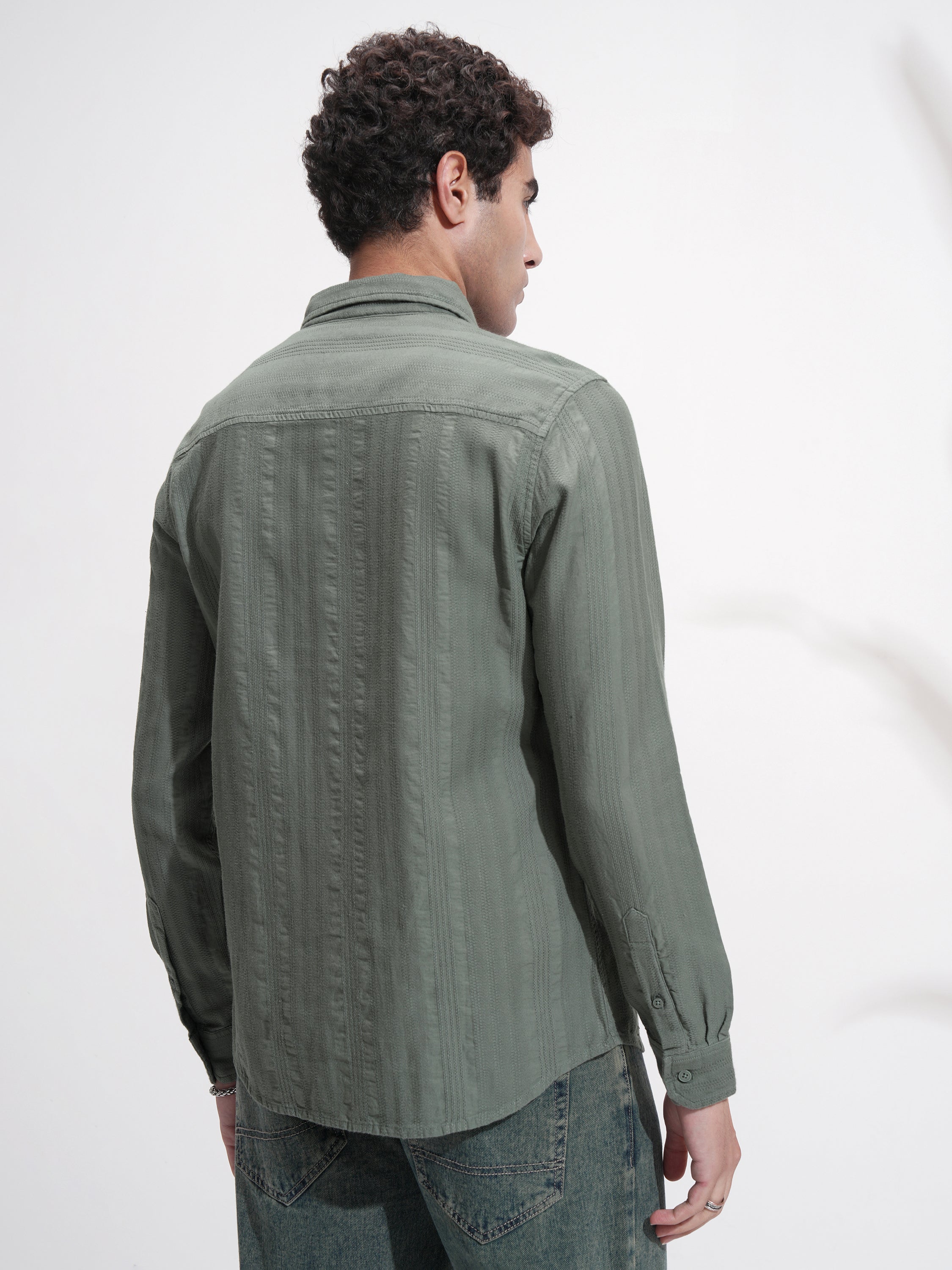 Highlander Men Olive Self Design Slim Fit Casual Shirt - Olive - Image 3