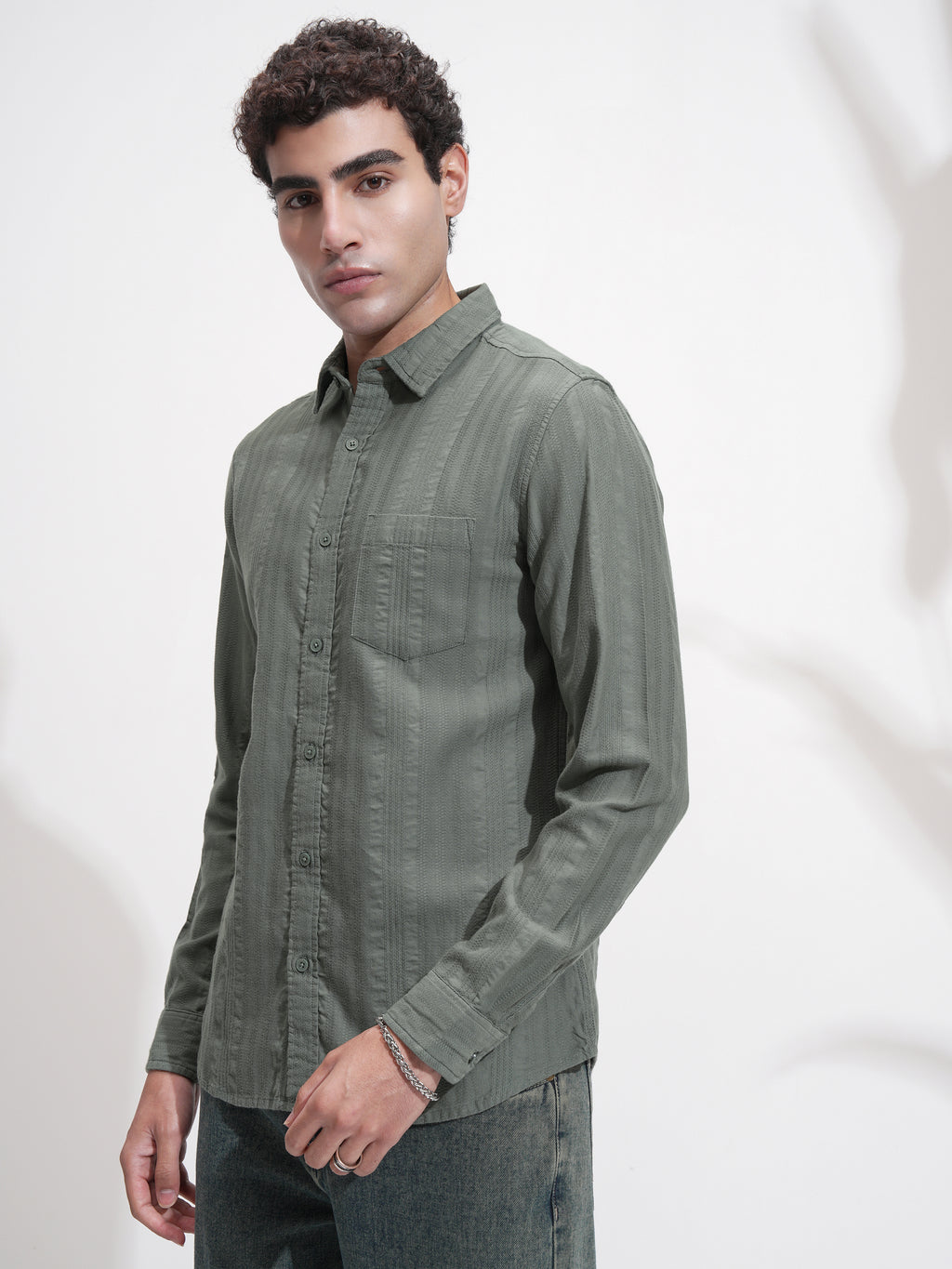 Highlander Men Olive Self Design Slim Fit Casual Shirt - Olive - Image 4