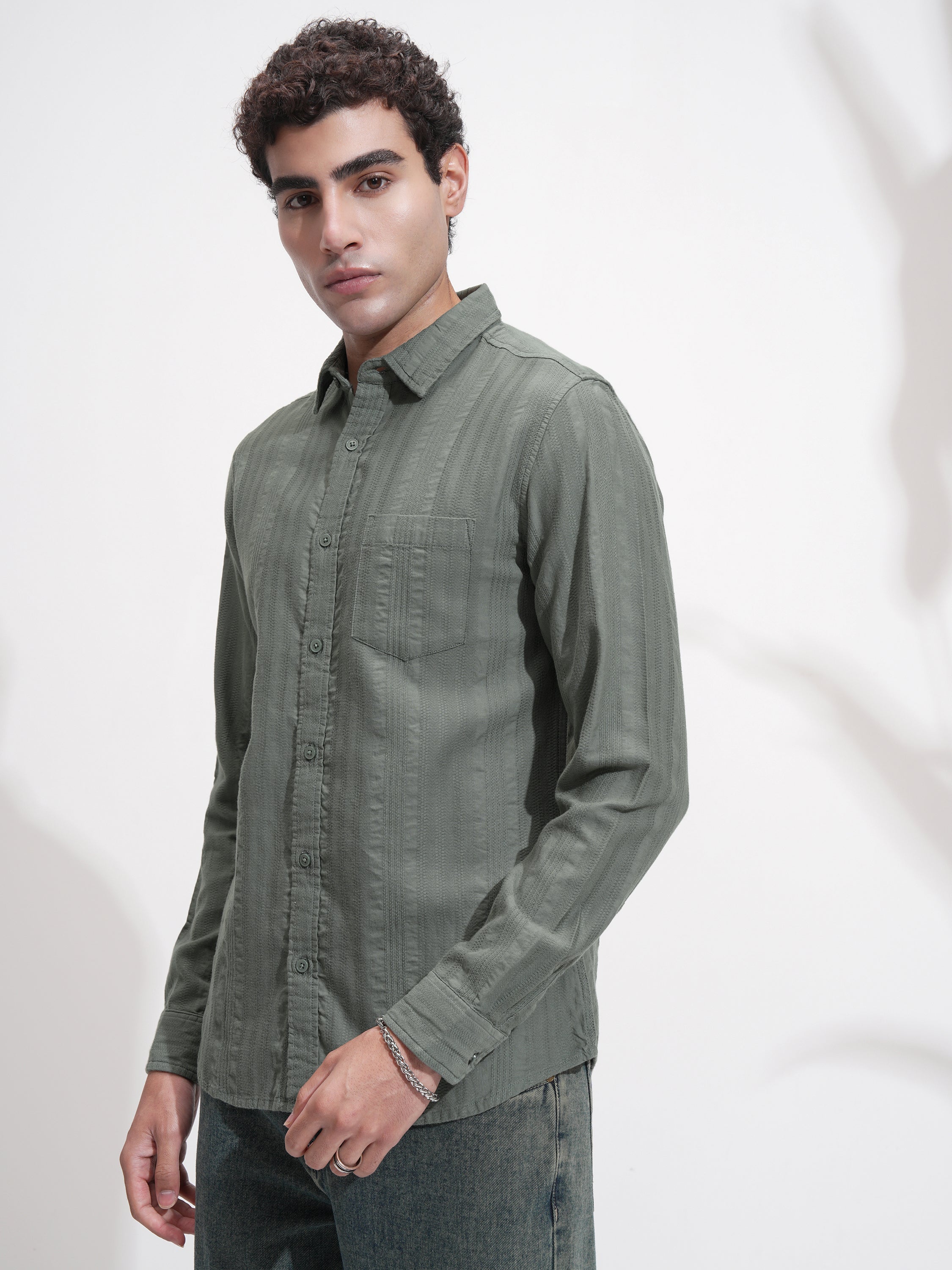 Highlander Men Olive Self Design Slim Fit Casual Shirt - Olive - Image 4