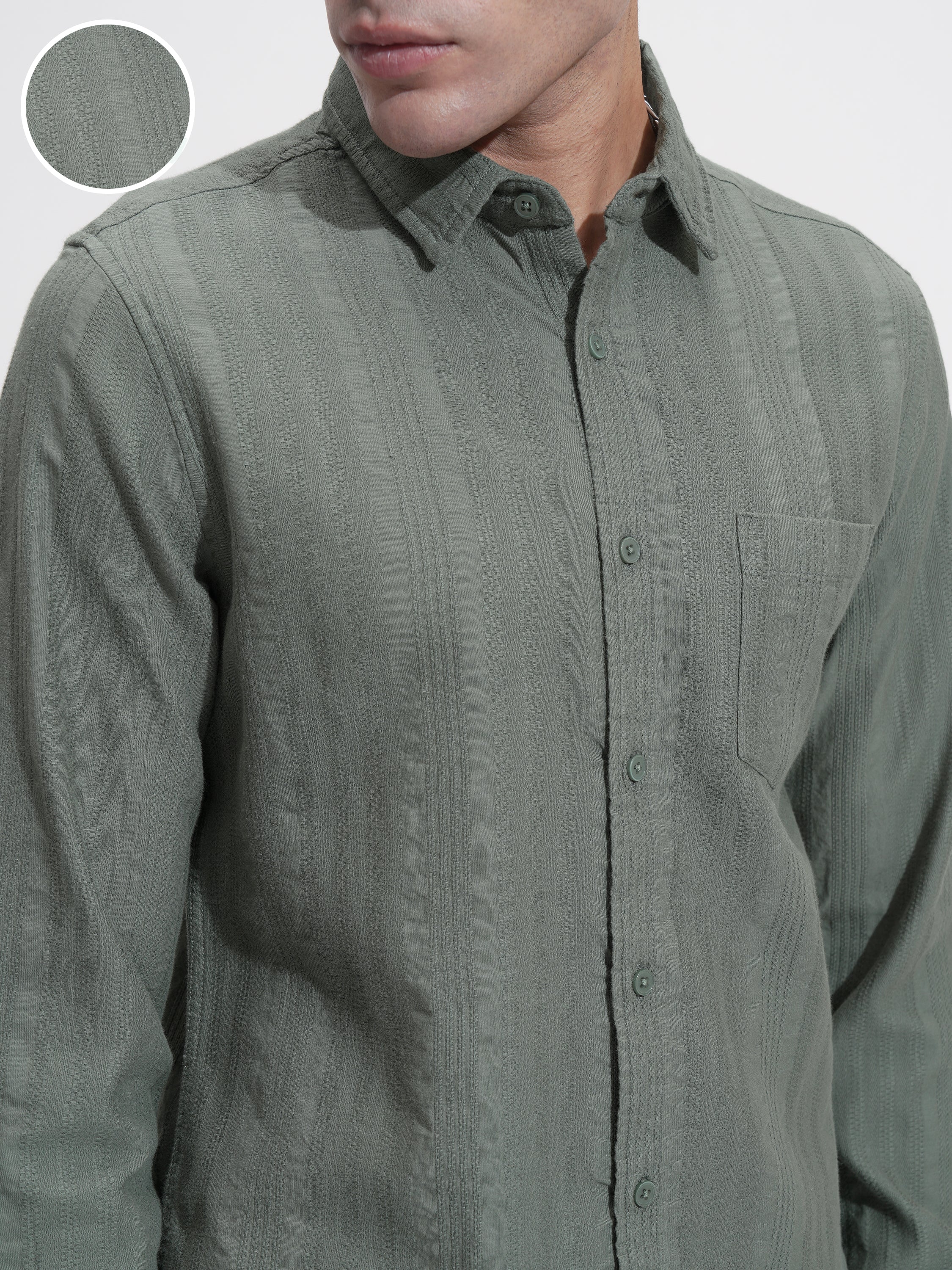 Highlander Men Olive Self Design Slim Fit Casual Shirt - Olive - Image 5