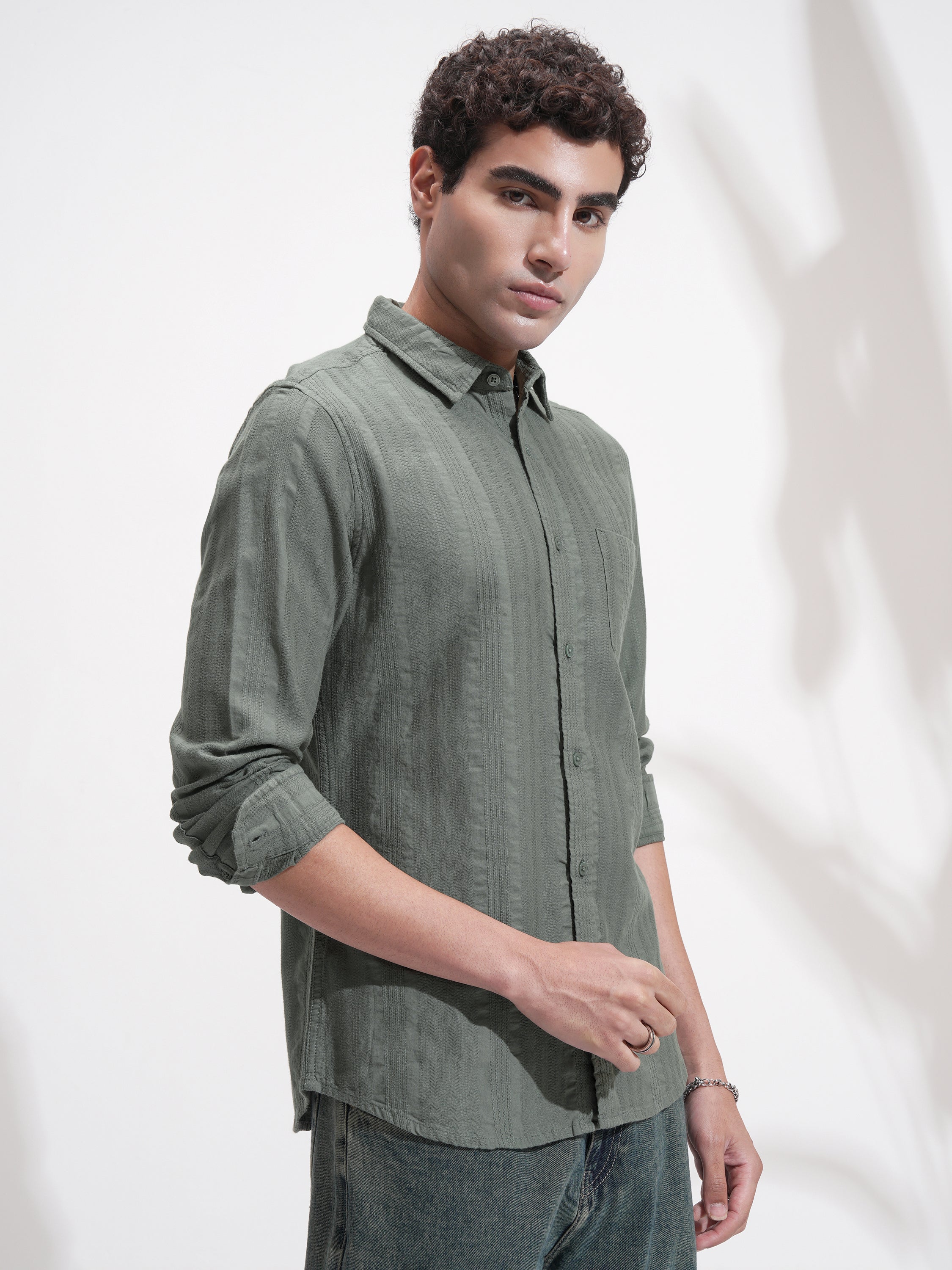 Highlander Men Olive Self Design Slim Fit Casual Shirt - Olive - Image 6