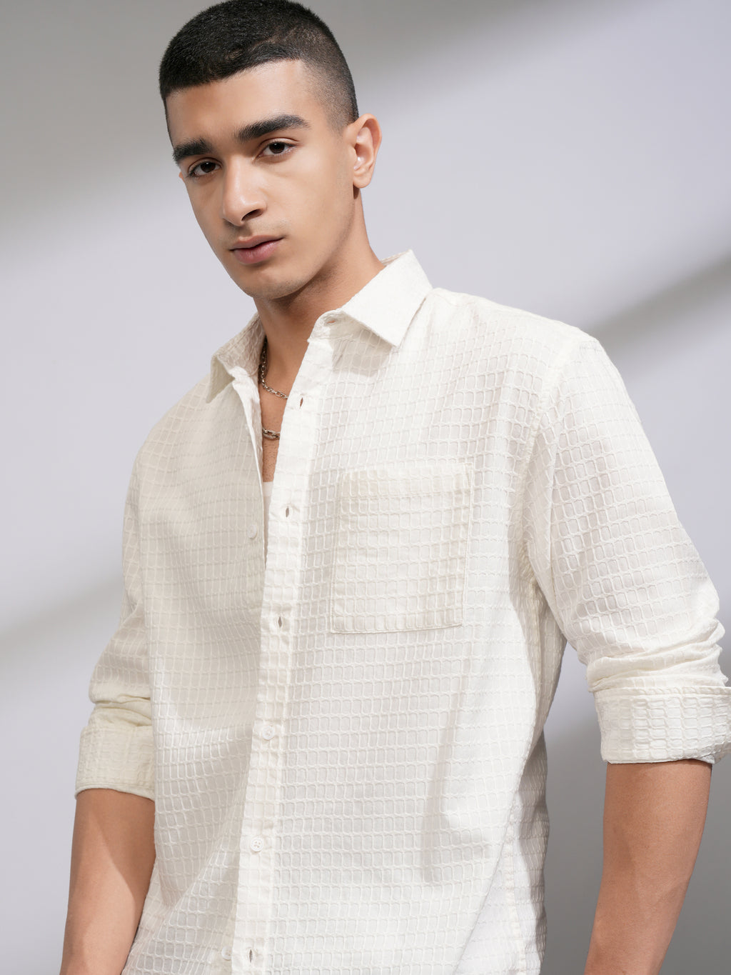 Highlander Men White Self Design Relaxed Fit Casual Shirt - White - Image 1