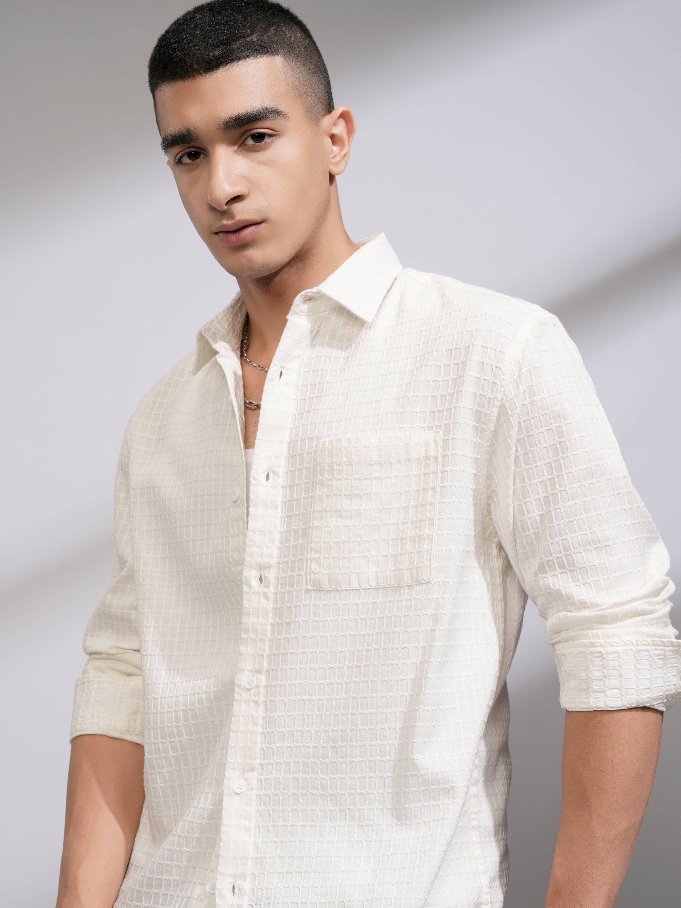 Highlander Men White Self Design Relaxed Fit Casual Shirt - White - Image 1