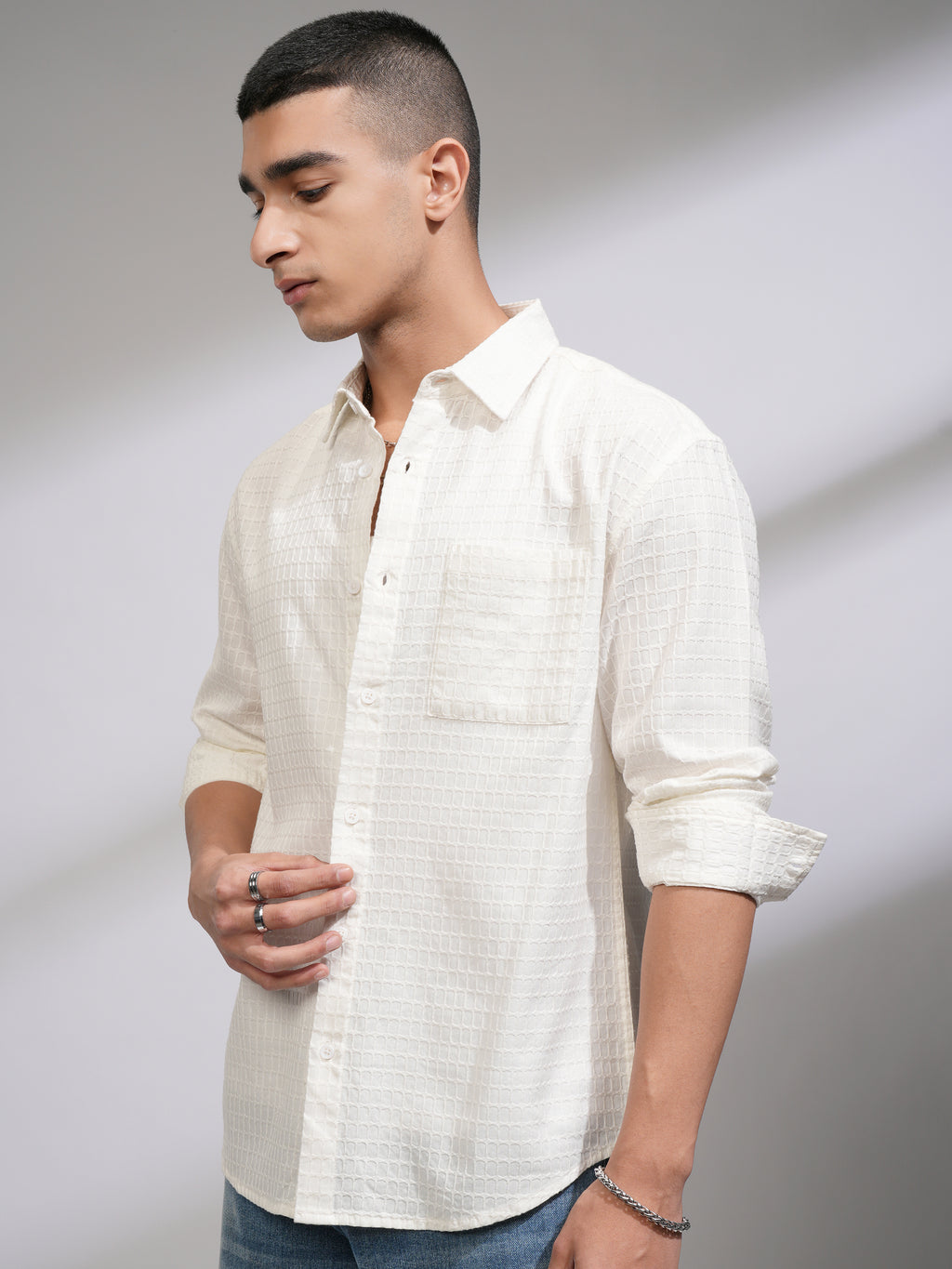 Highlander Men White Self Design Relaxed Fit Casual Shirt - White - Image 4