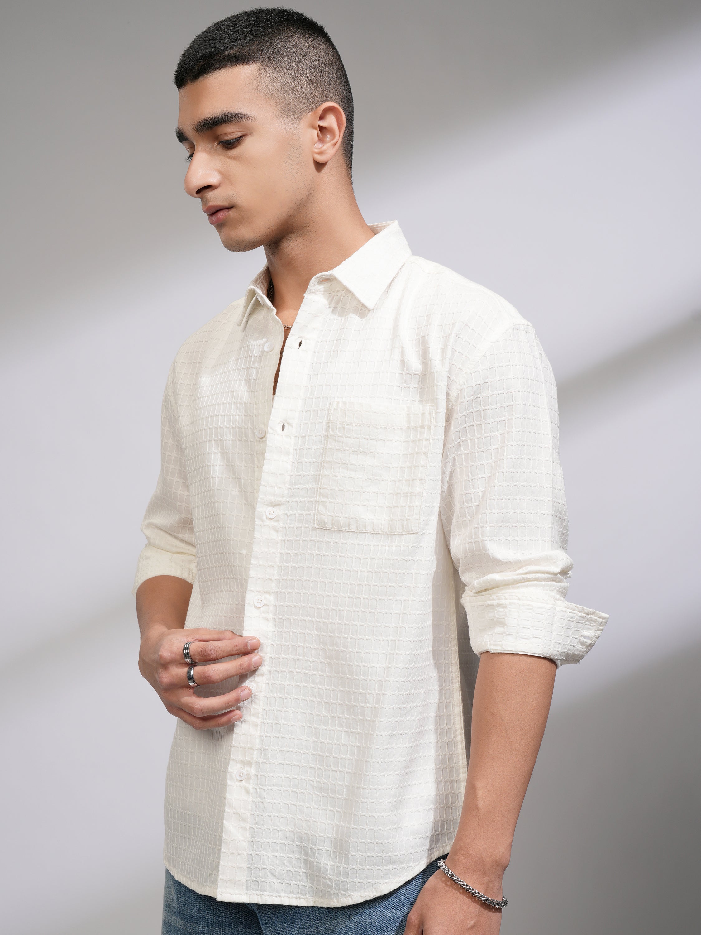 Highlander Men White Self Design Relaxed Fit Casual Shirt - White - Image 4