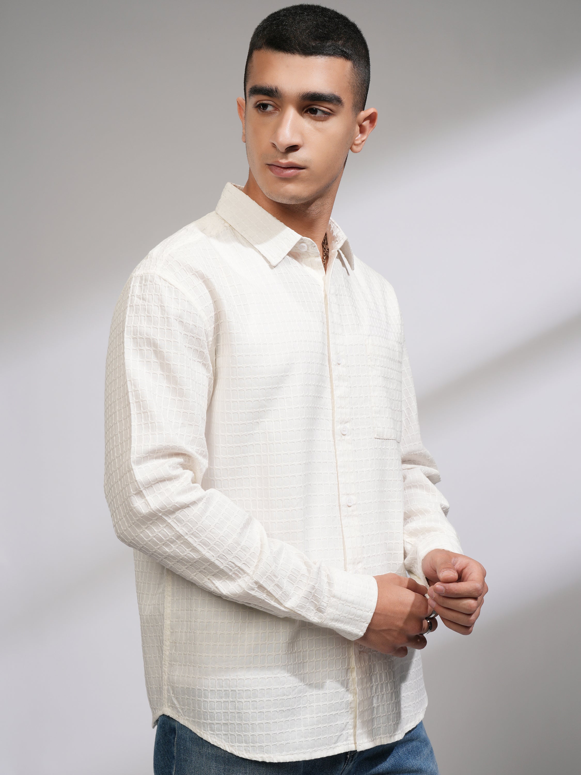 Highlander Men White Self Design Relaxed Fit Casual Shirt - White - Image 6