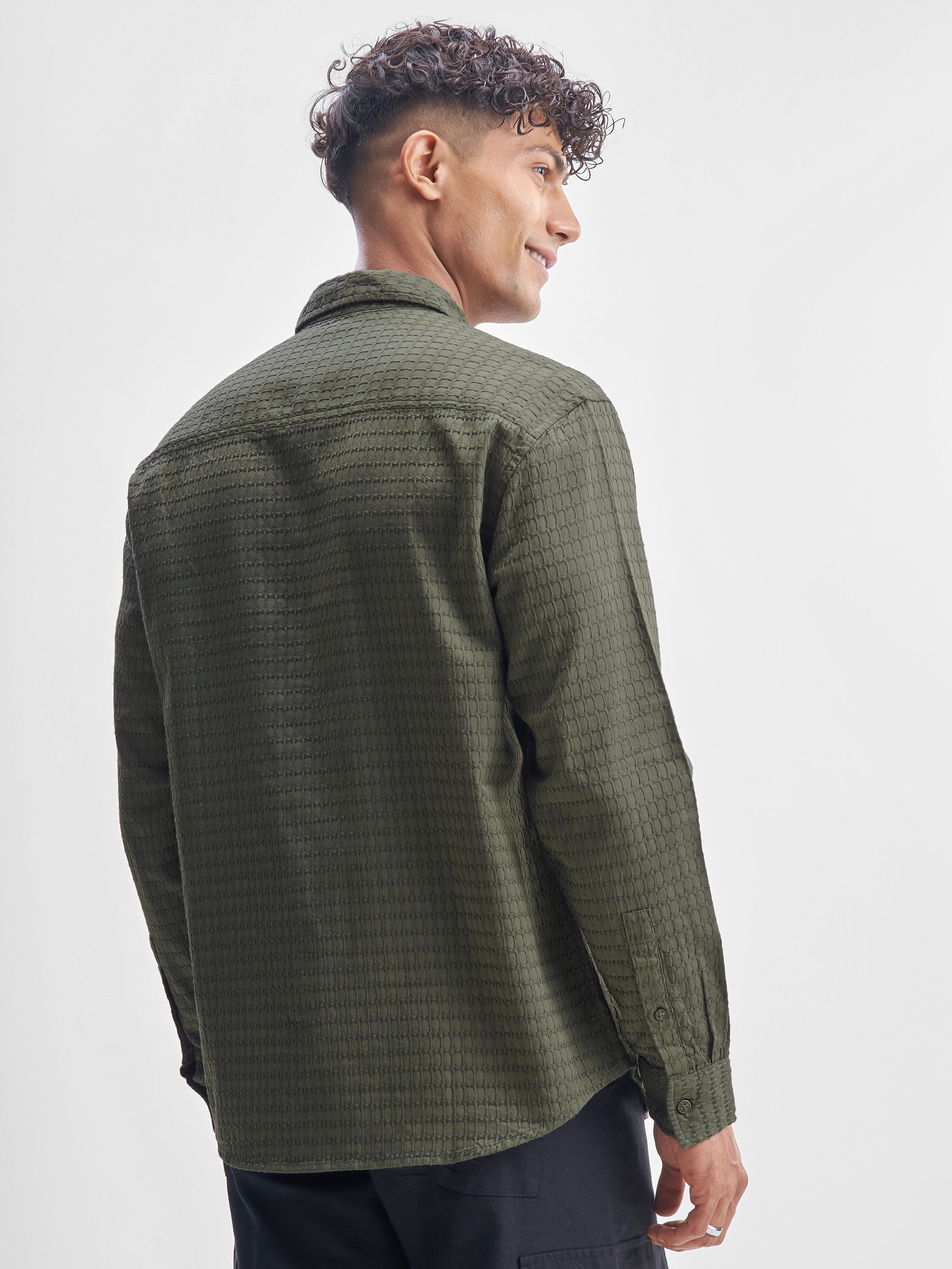 Highlander Men Green Self Design Relaxed Fit Casual Shirt - Green - Image 3