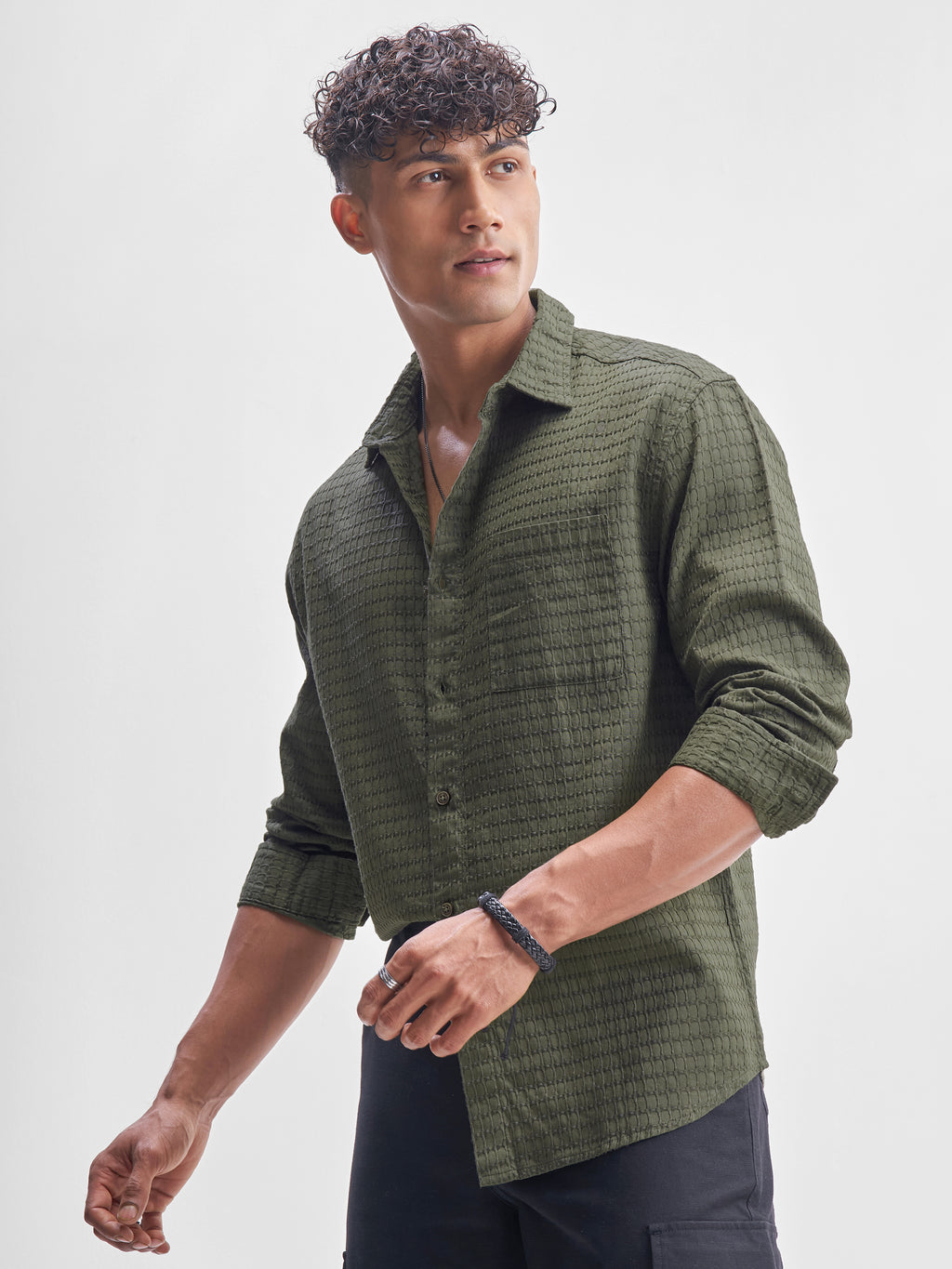Highlander Men Green Self Design Relaxed Fit Casual Shirt - Green - Image 4