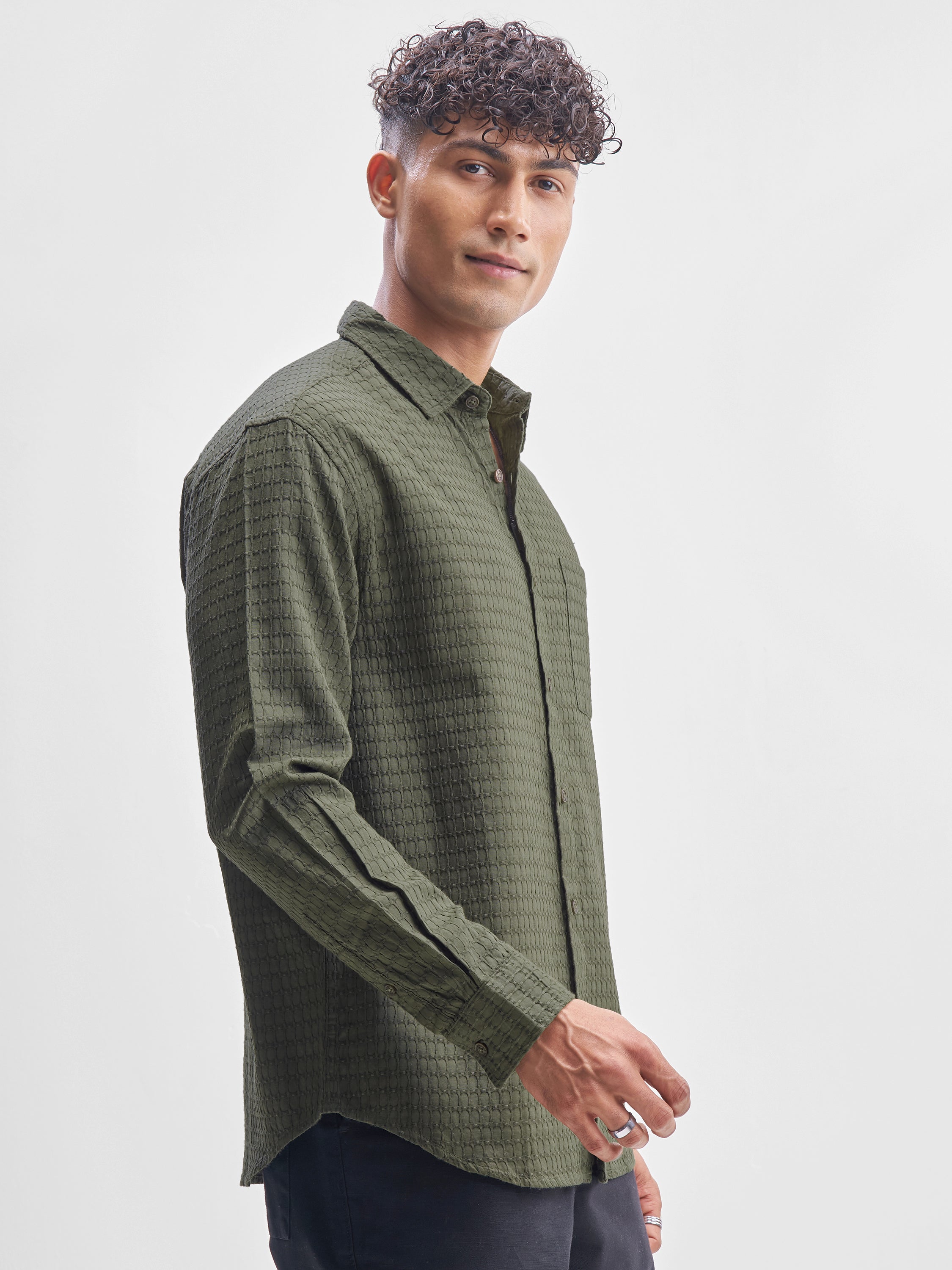 Highlander Men Green Self Design Relaxed Fit Casual Shirt - Green - Image 6