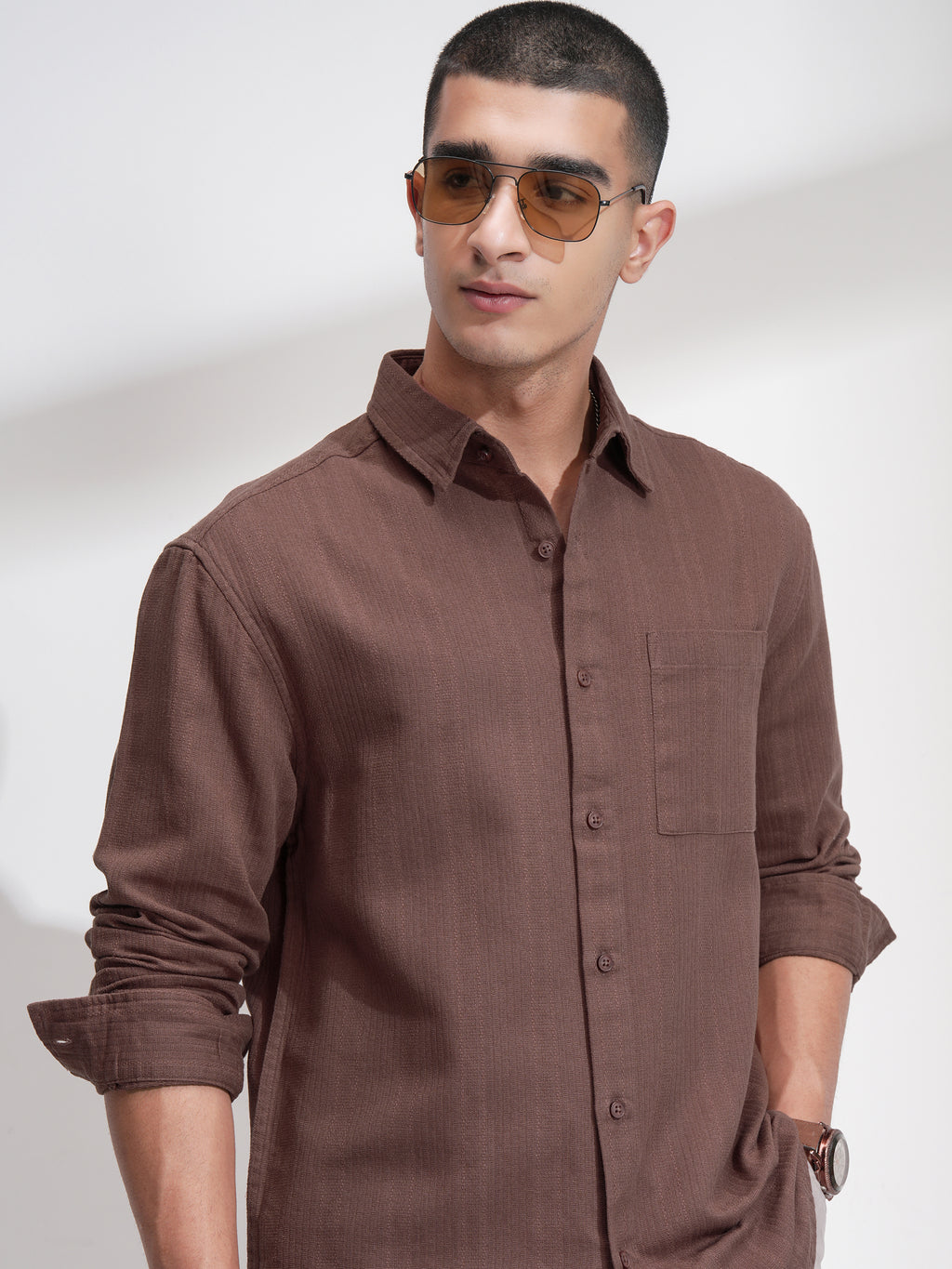Highlander Men Brown Striped Relaxed Fit Casual Shirt - Brown - Image 1