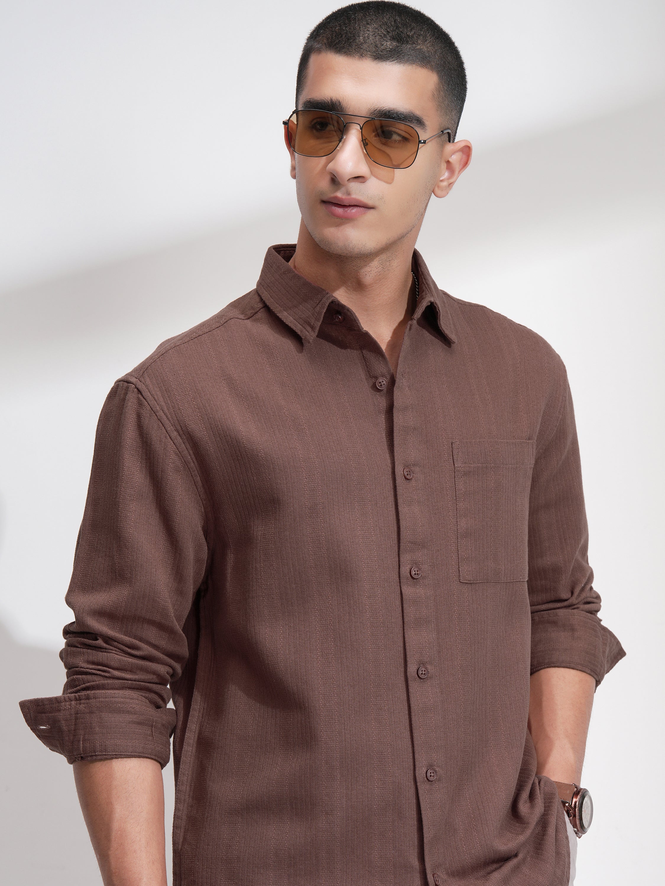 Highlander Men Brown Striped Relaxed Fit Casual Shirt - Brown - Image 1