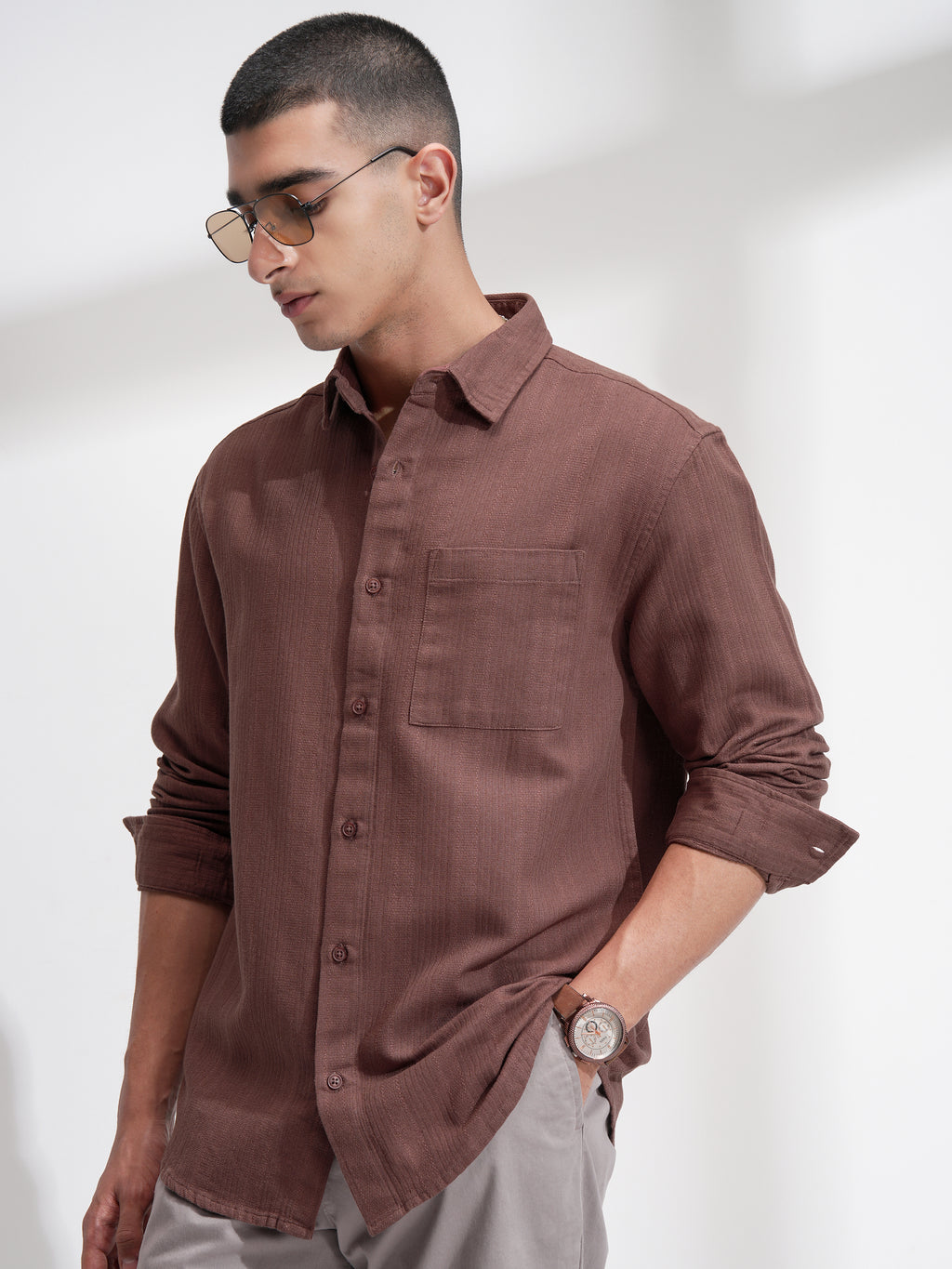 Highlander Men Brown Striped Relaxed Fit Casual Shirt - Brown - Image 4