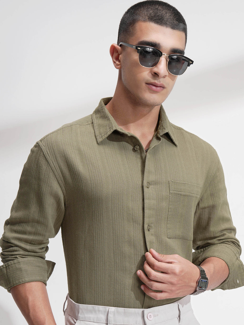 Highlander Men Olive Striped Relaxed Fit Casual Shirt - Olive - Image 1