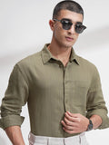 Highlander Men Olive Striped Relaxed Fit Casual Shirt - Olive - Image 1