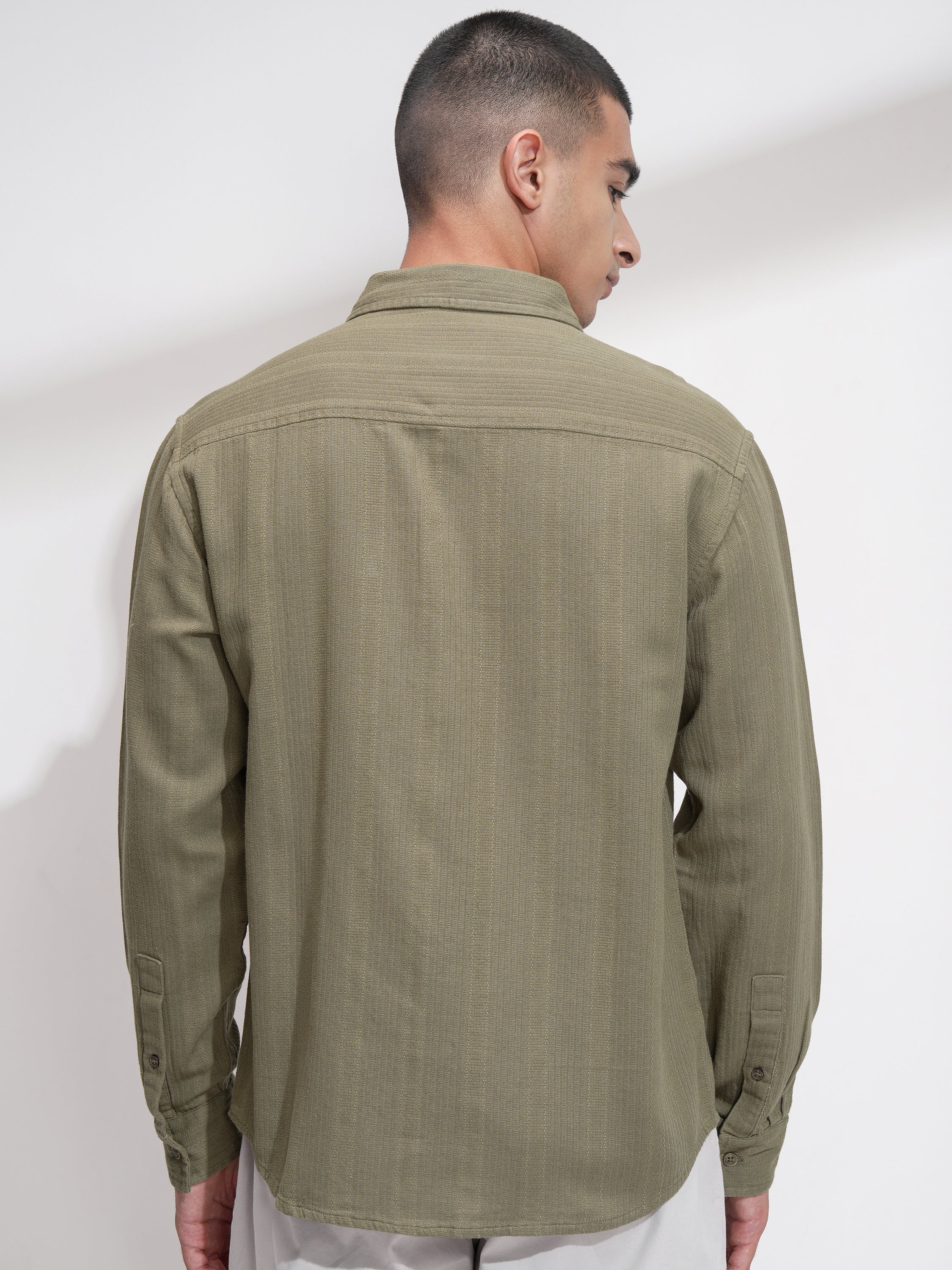 Highlander Men Olive Striped Relaxed Fit Casual Shirt - Olive - Image 3