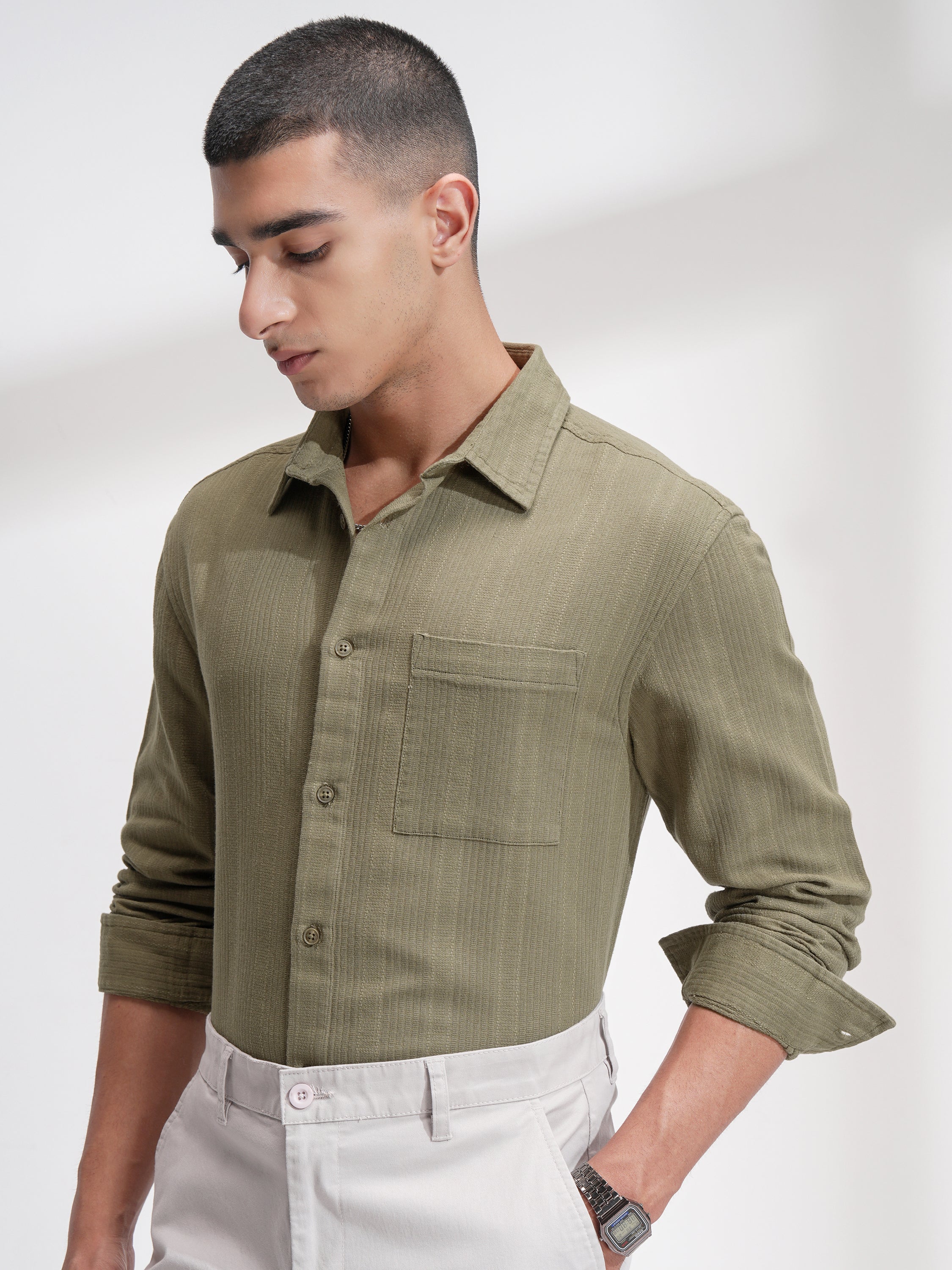 Highlander Men Olive Striped Relaxed Fit Casual Shirt - Olive - Image 4