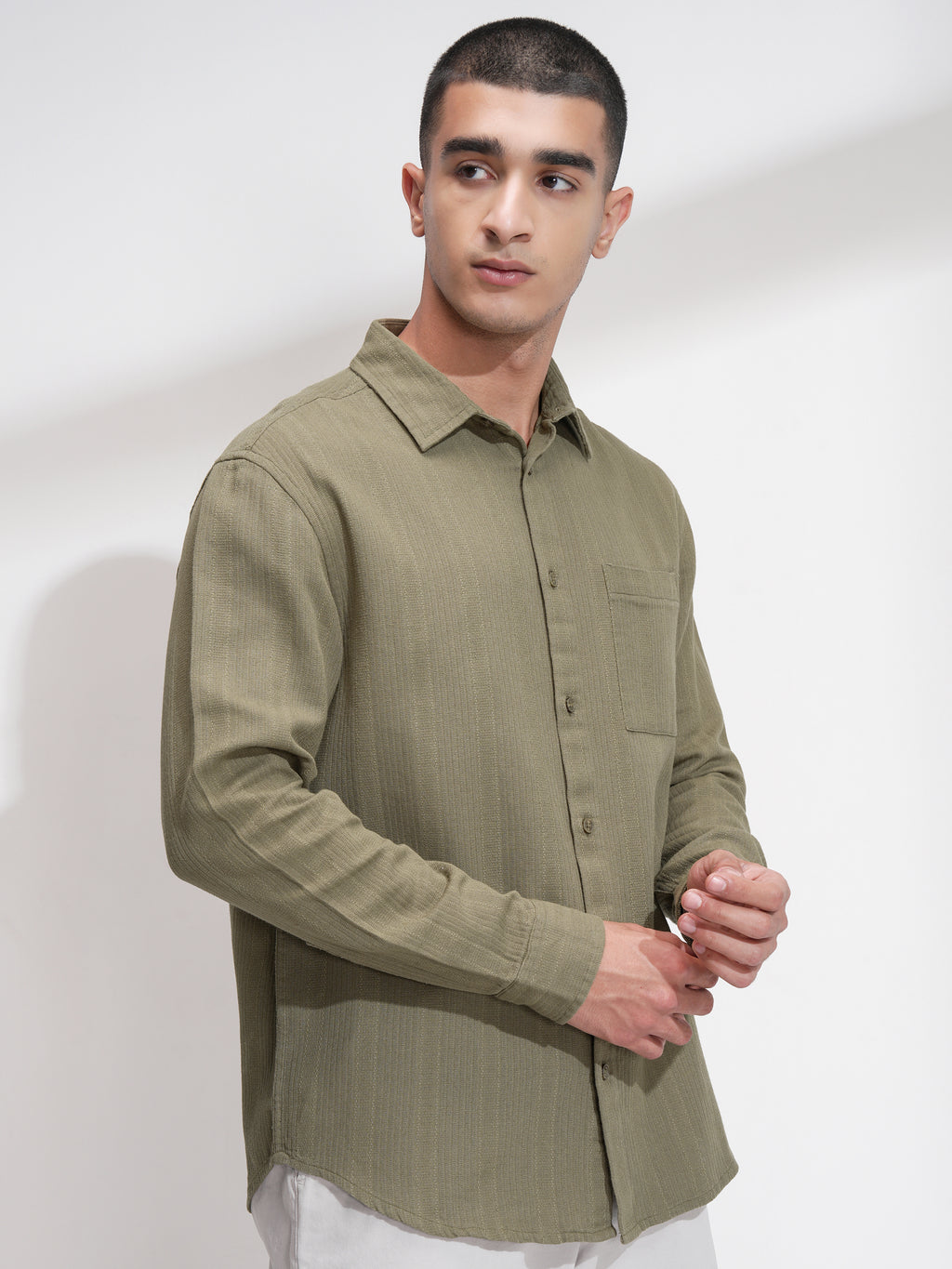 Highlander Men Olive Striped Relaxed Fit Casual Shirt - Olive - Image 6