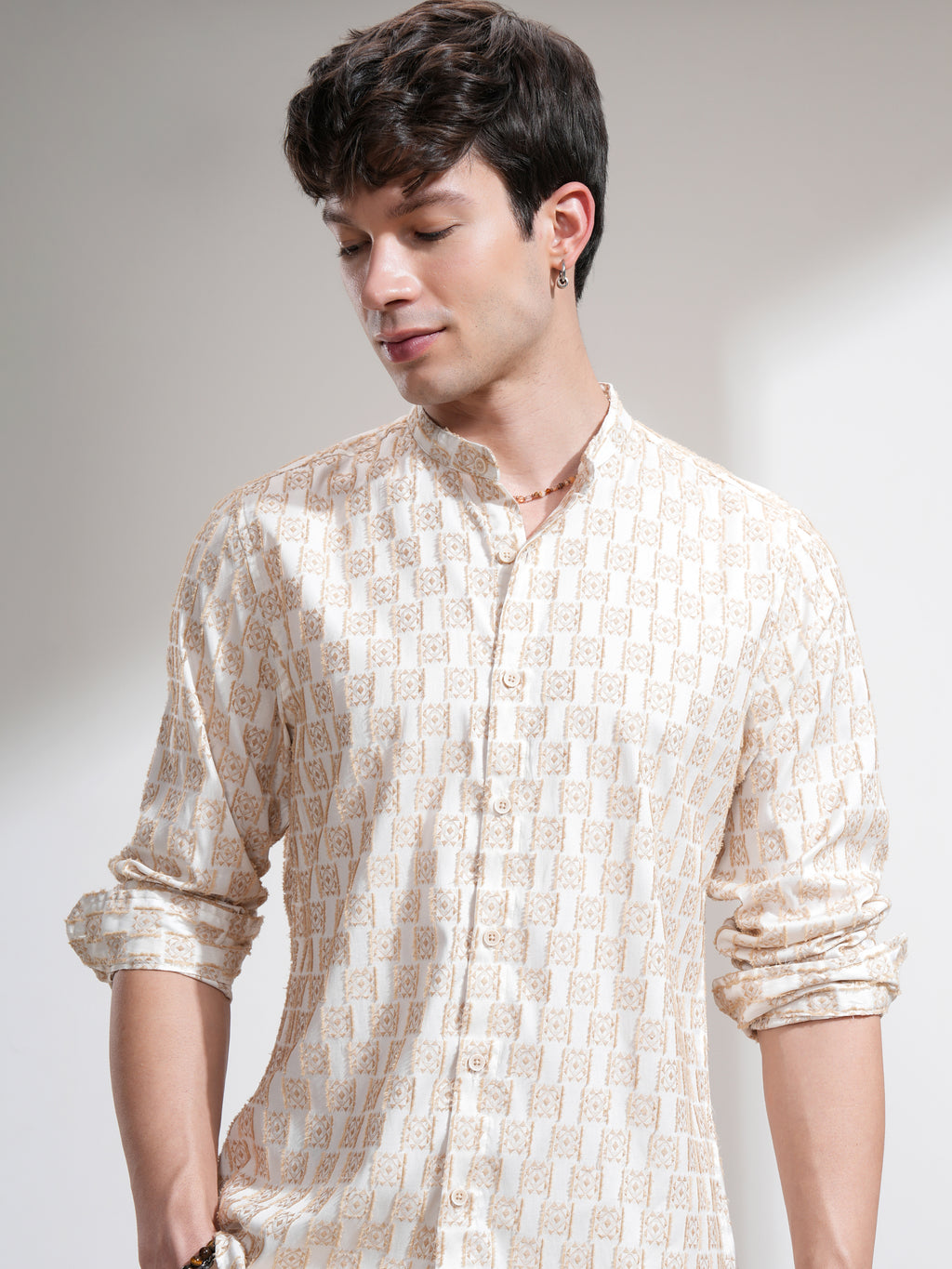 Highlander Men Cream Printed Slim Fit Casual Shirt - Cream - Image 1